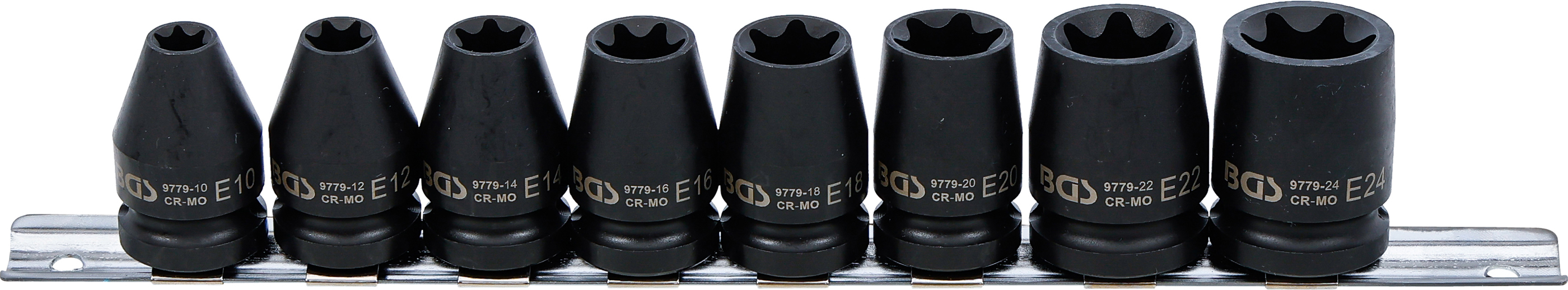 BGS Kraft-Steckschlüssel-Einsatz-Satz E-Profil | Antrieb Innenvierkant 12,5 mm (1/2") | SW E10 - E24 | 8-tlg.