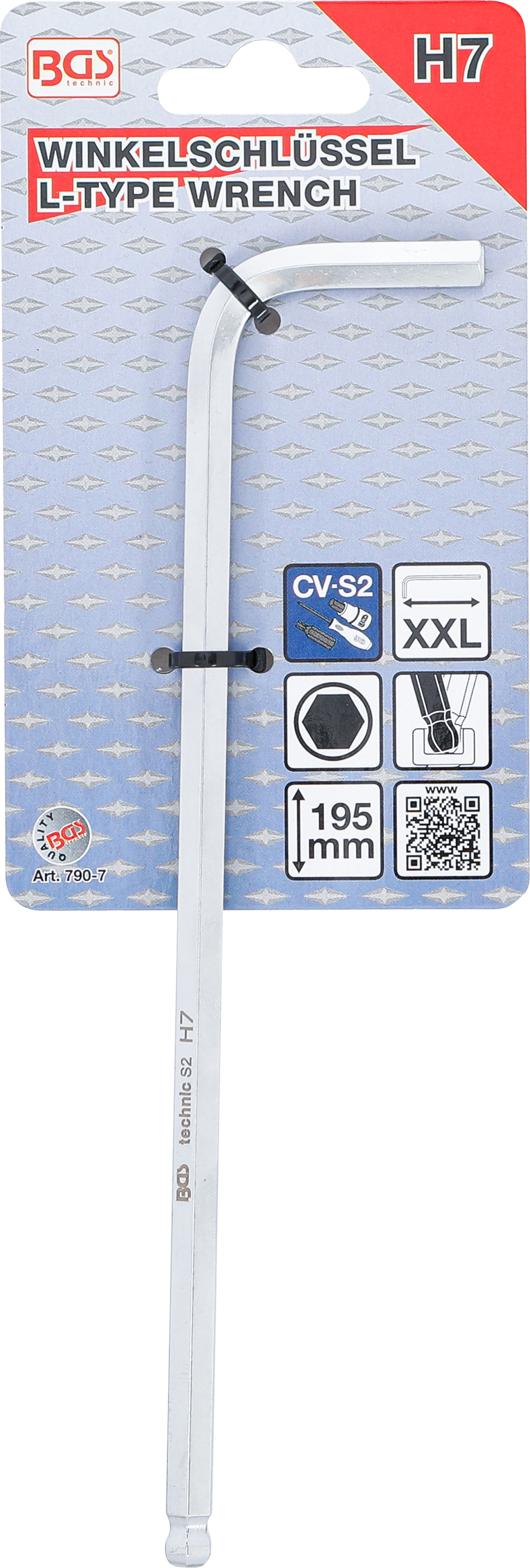 BGS Winkelschlüssel | extra lang | Innensechskant / Innensechskant mit Kugelkopf 7 mm