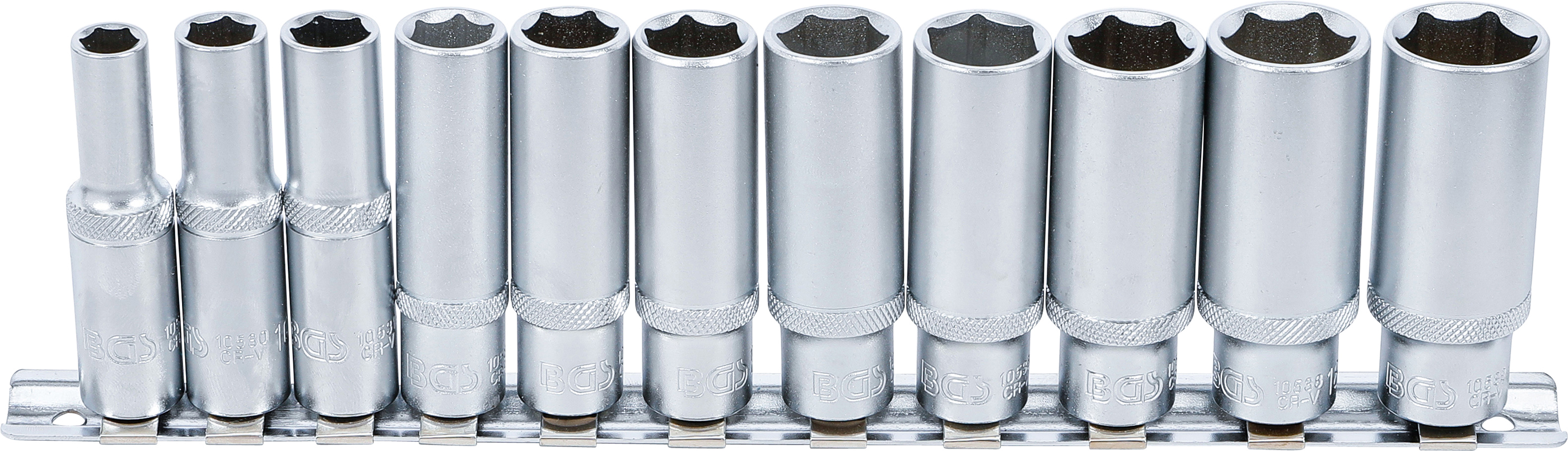 BGS Steckschlüssel-Einsatz-Satz Sechskant, tief | Antrieb Innenvierkant 10 mm (3/8") | SW 8 - 19 mm | 11-tlg.