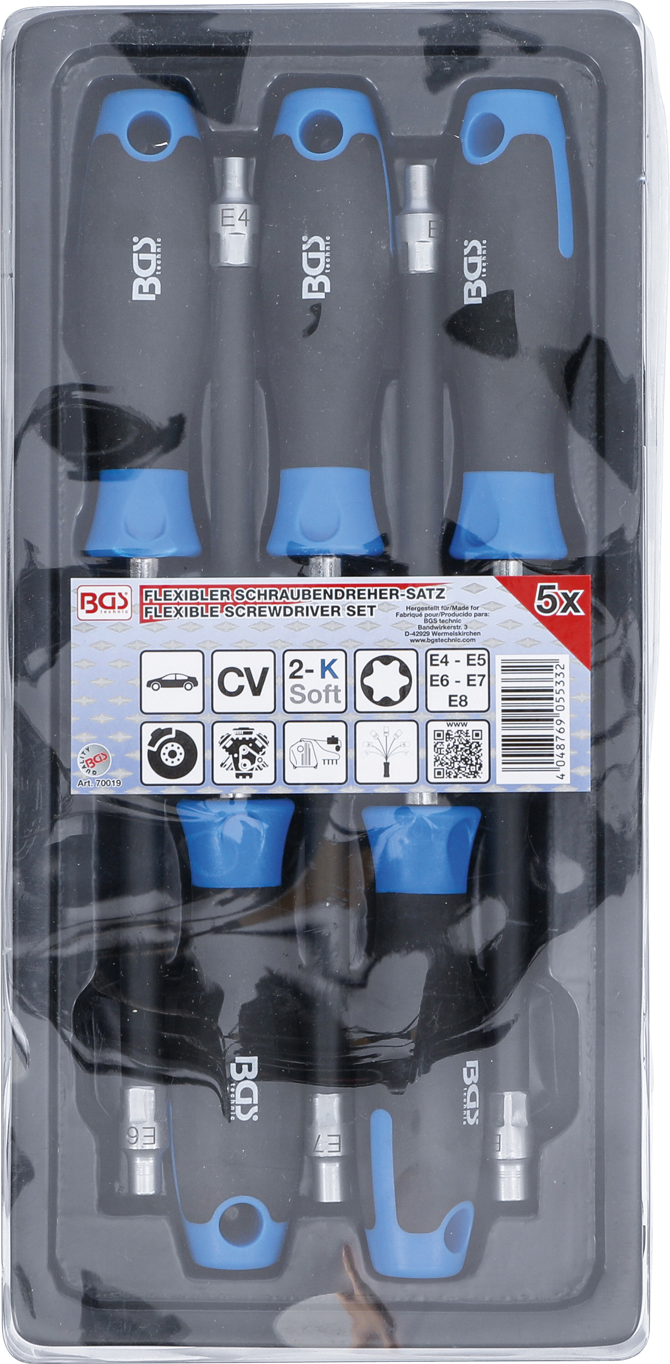 BGS Flexibler Schraubendreher-Satz mit Rundgriff | E-Profil E4 - E8 | Klingenlänge 150 mm | 5-tlg.