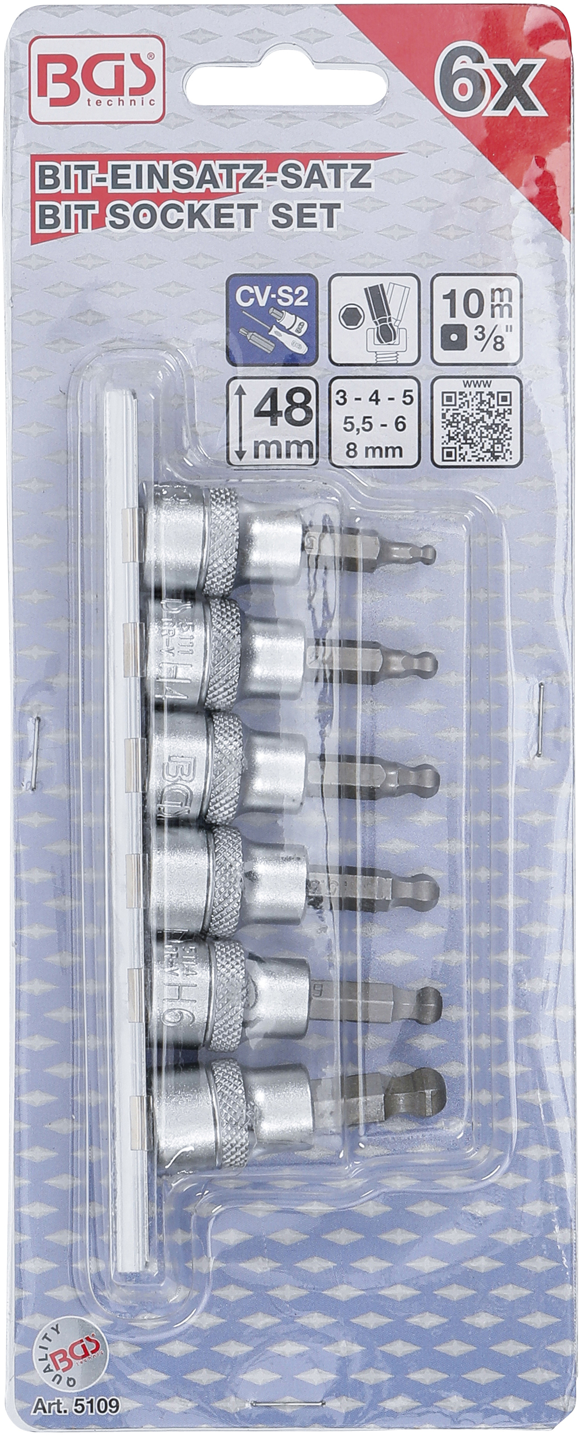 BGS Bit-Einsatz-Satz | Antrieb Innenvierkant 10 mm (3/8") | Innensechskant mit Kugelkopf 3 - 8 mm | 6-tlg.