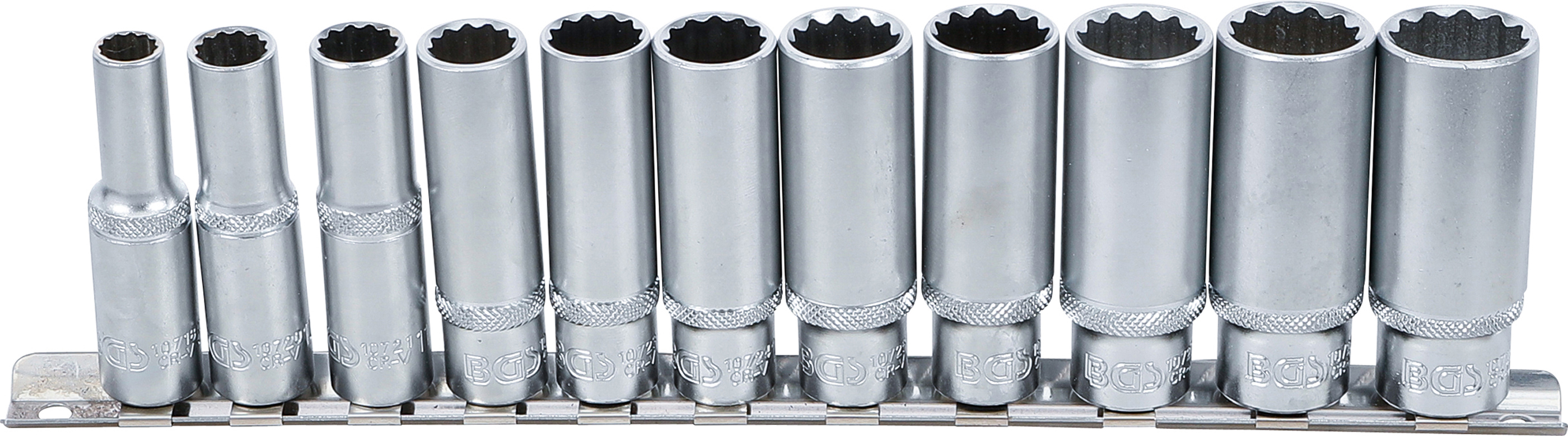 BGS Steckschlüssel-Einsatz-Satz Zwölfkant, tief | Antrieb Innenvierkant 10 mm (3/8") | SW 8 - 19 mm | 11-tlg.