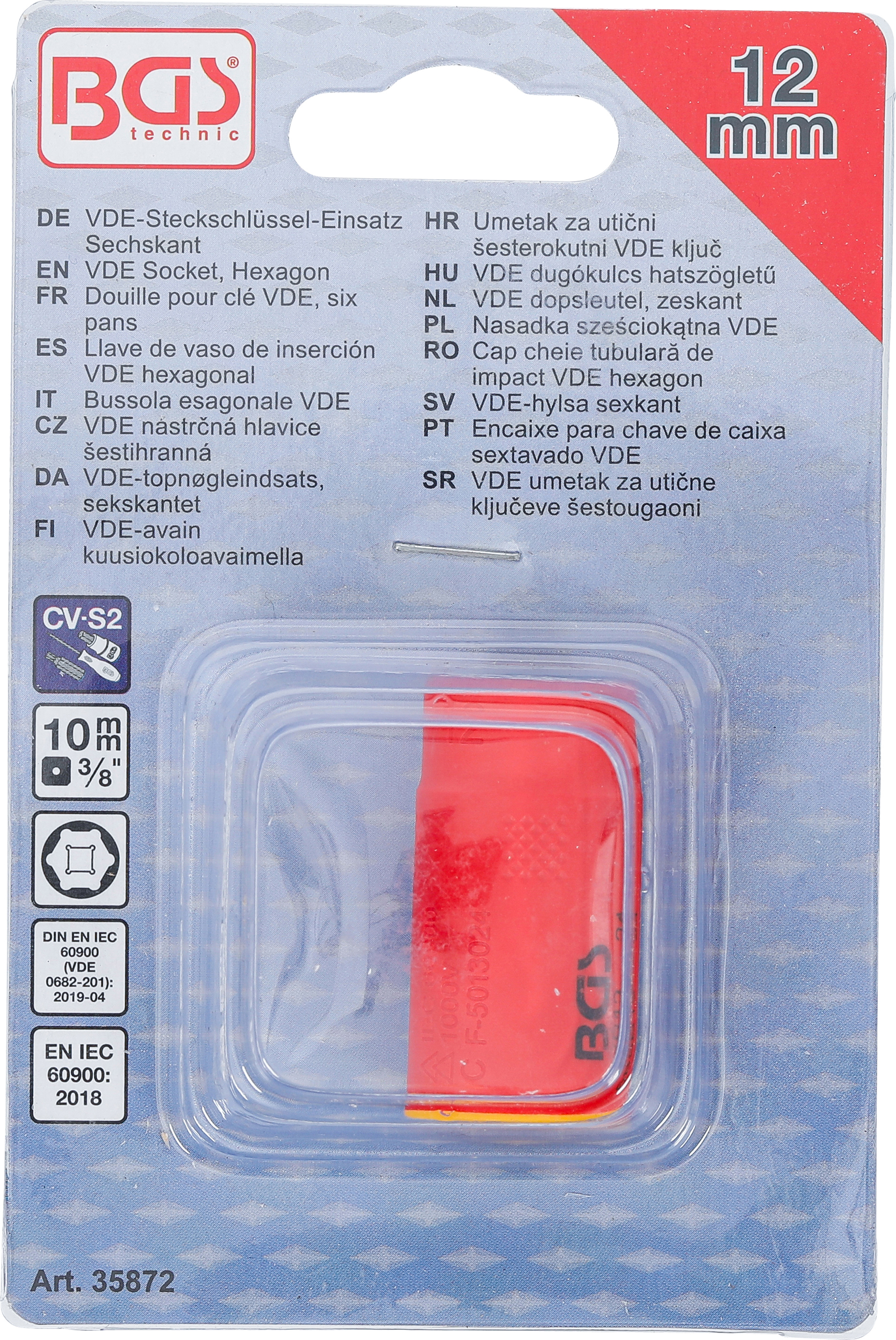 BGS VDE-Steckschlüssel-Einsatz Sechskant | Antrieb Innenvierkant 10 mm (3/8") | SW 12 mm