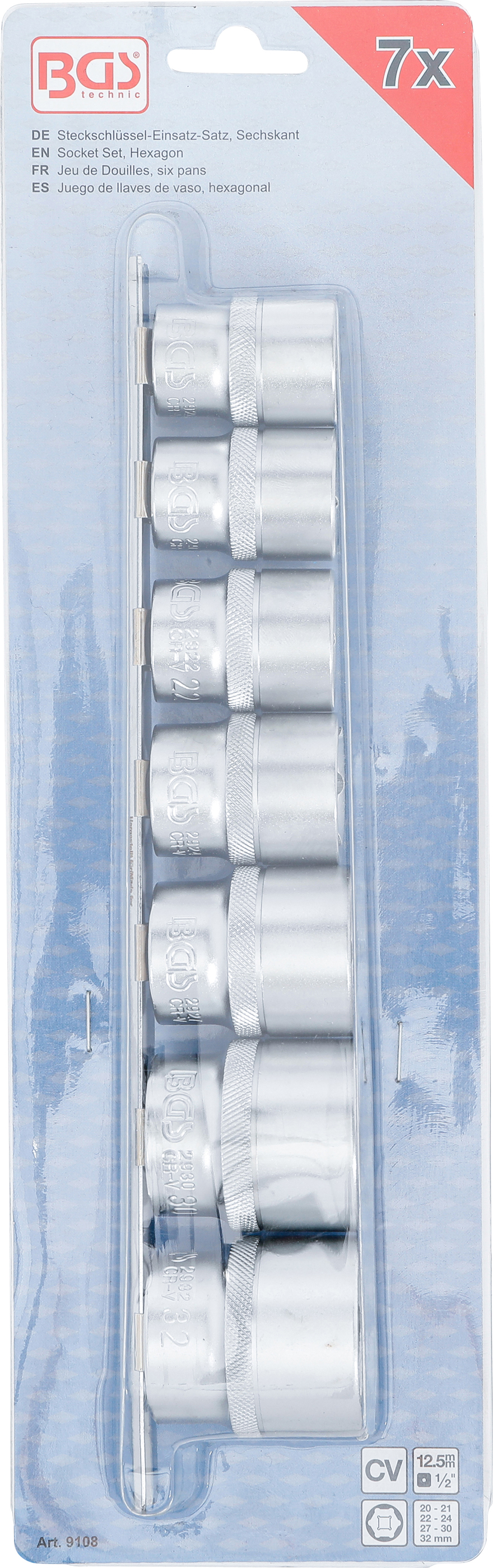 BGS Steckschlüssel-Einsatz-Satz, Sechskant | Antrieb Innenvierkant 12,5 mm (1/2") | SW 20 - 32 mm | 7-tlg.