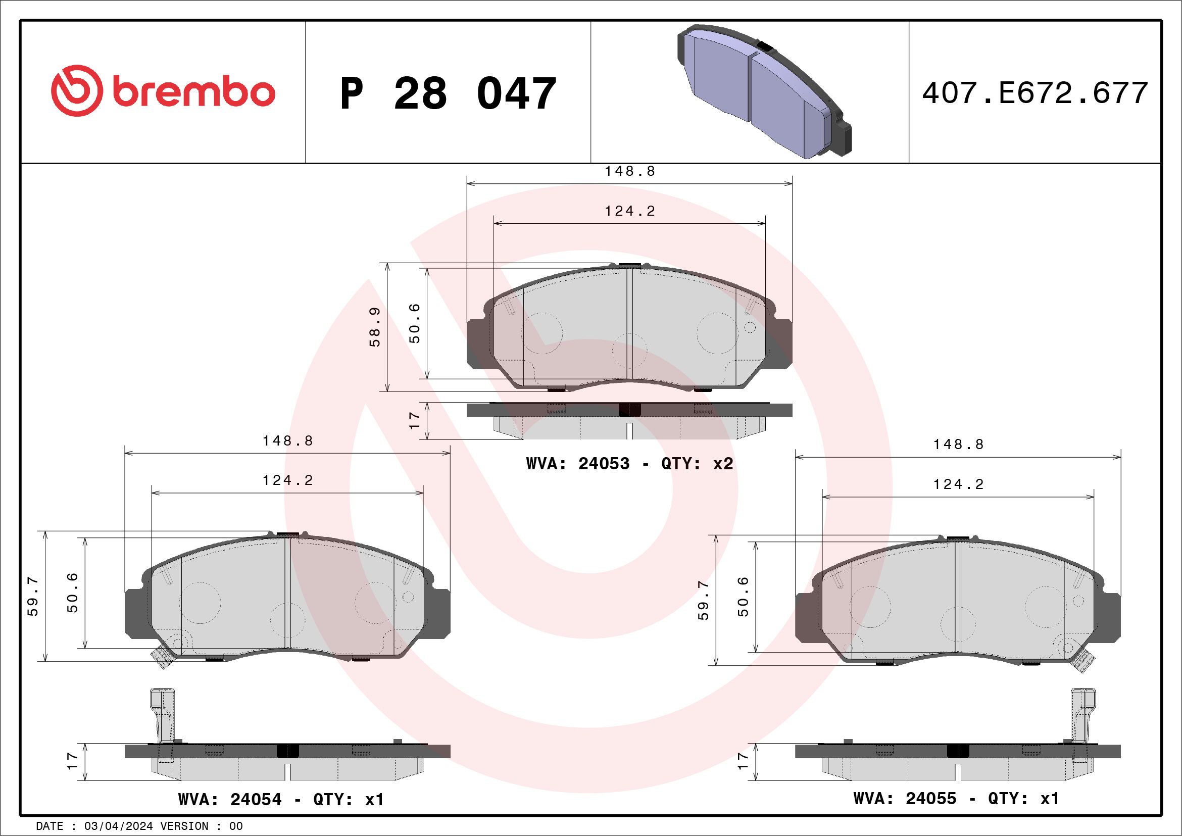 Bremsbelagsatz, Scheibenbremse P 28 047 “BREMBO 149 mm, 17 mm, 59 mm”