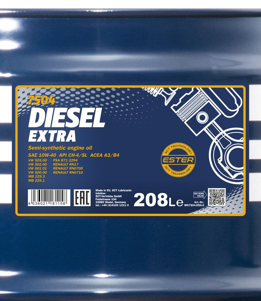 10W-40 Mannol 7504 Diesel Extra Motoröl 208 Liter