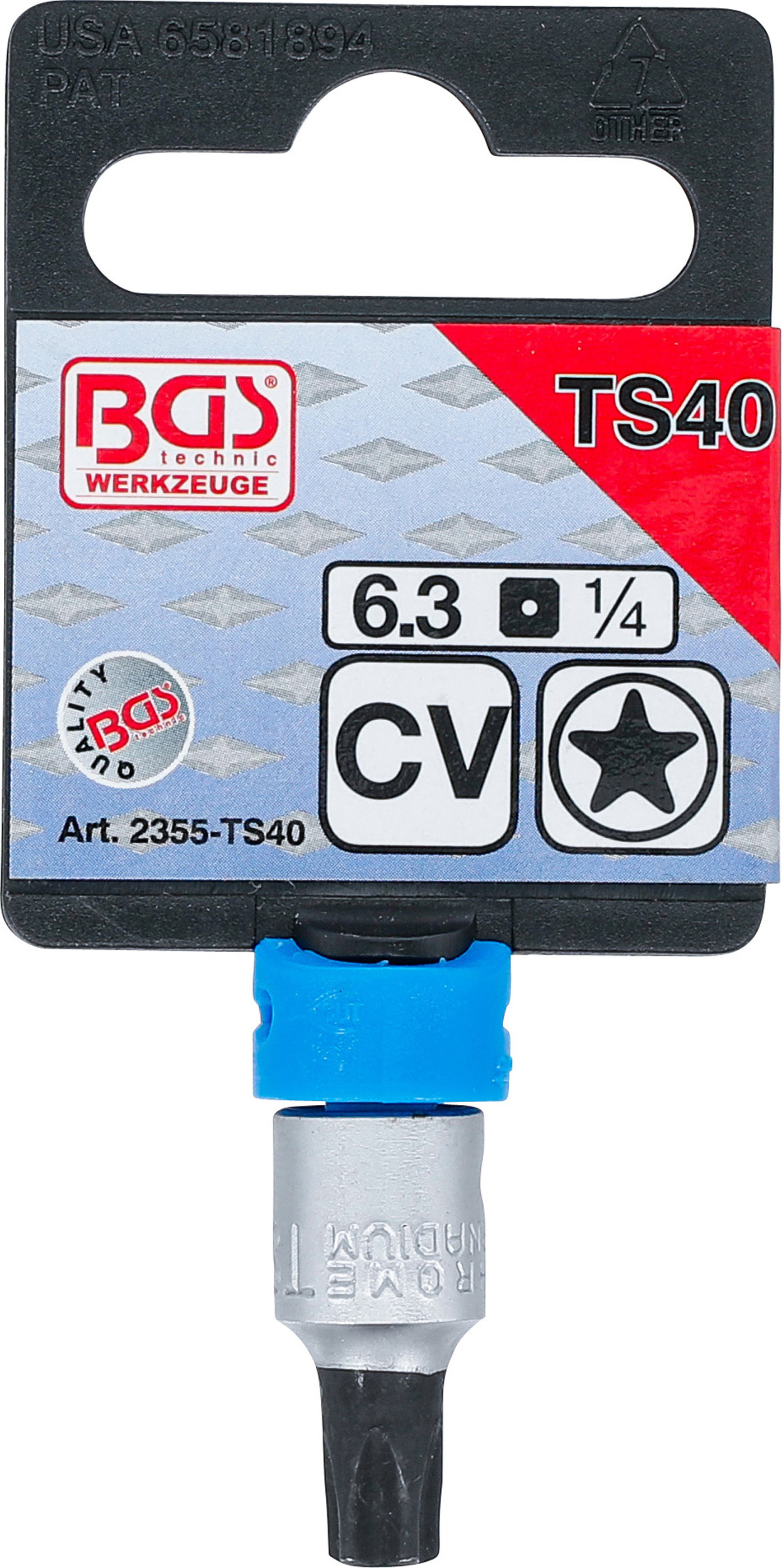 BGS Bit-Einsatz | Antrieb Innenvierkant 6,3 mm (1/4") | TS-Profil (für Torx Plus) mit Bohrung TS40