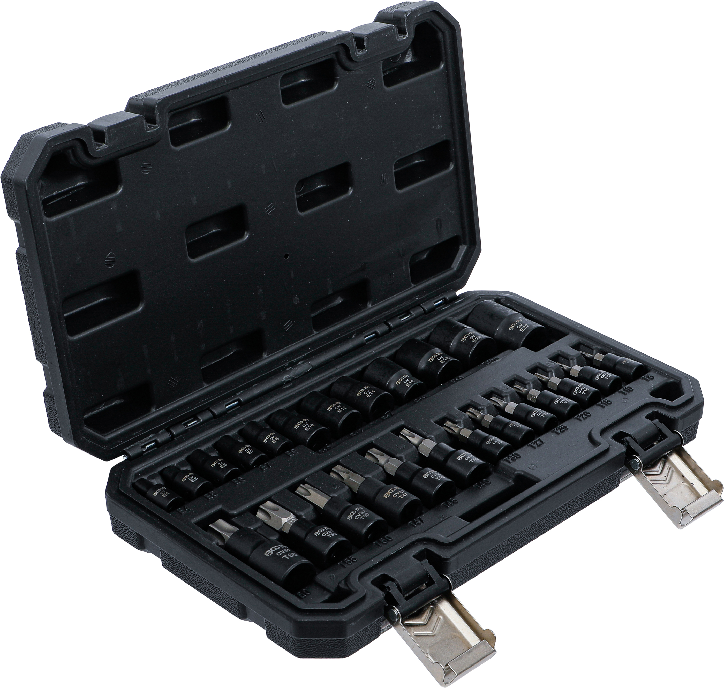 BGS Bit-Einsatz-/Steckschlüssel-Einsatz-Satz | Antrieb Innenvierkant 6,3 mm (1/4"), 10 mm (3/8"), 12,5 mm (1/2") | E-Profil / T-Profil (für Torx) | 25-tlg.