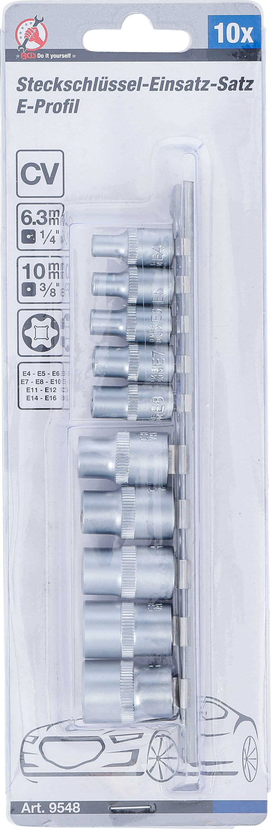 BGS Steckschlüssel-Einsatz-Satz E-Profil | Antrieb Innenvierkant 6,3 mm (1/4") / 10 mm (3/8") | SW E4 - E16 | 10-tlg.