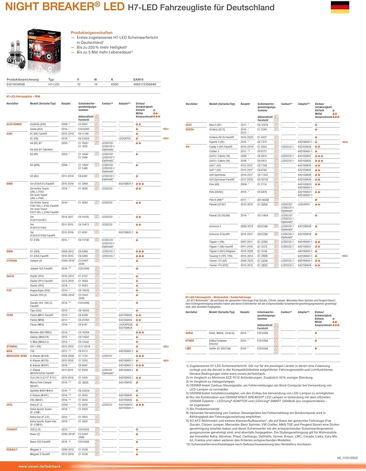 Osram H7 Night Breaker LED 64210DWNB erste legale LED H7 mit Straßenzulassung