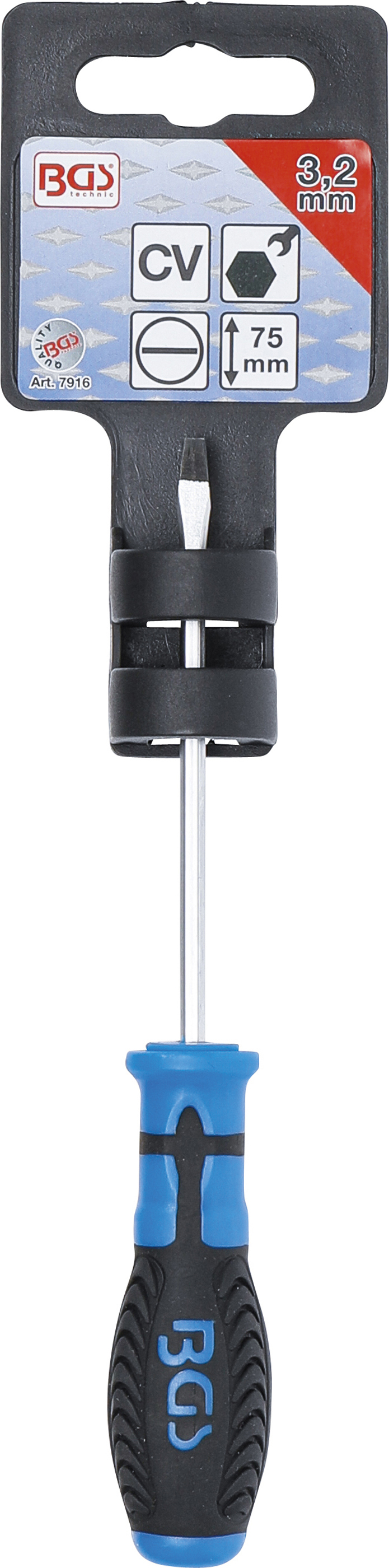 BGS Schraubendreher | mit Außensechskant | Schlitz 3,2 mm | Klingenlänge 75 mm