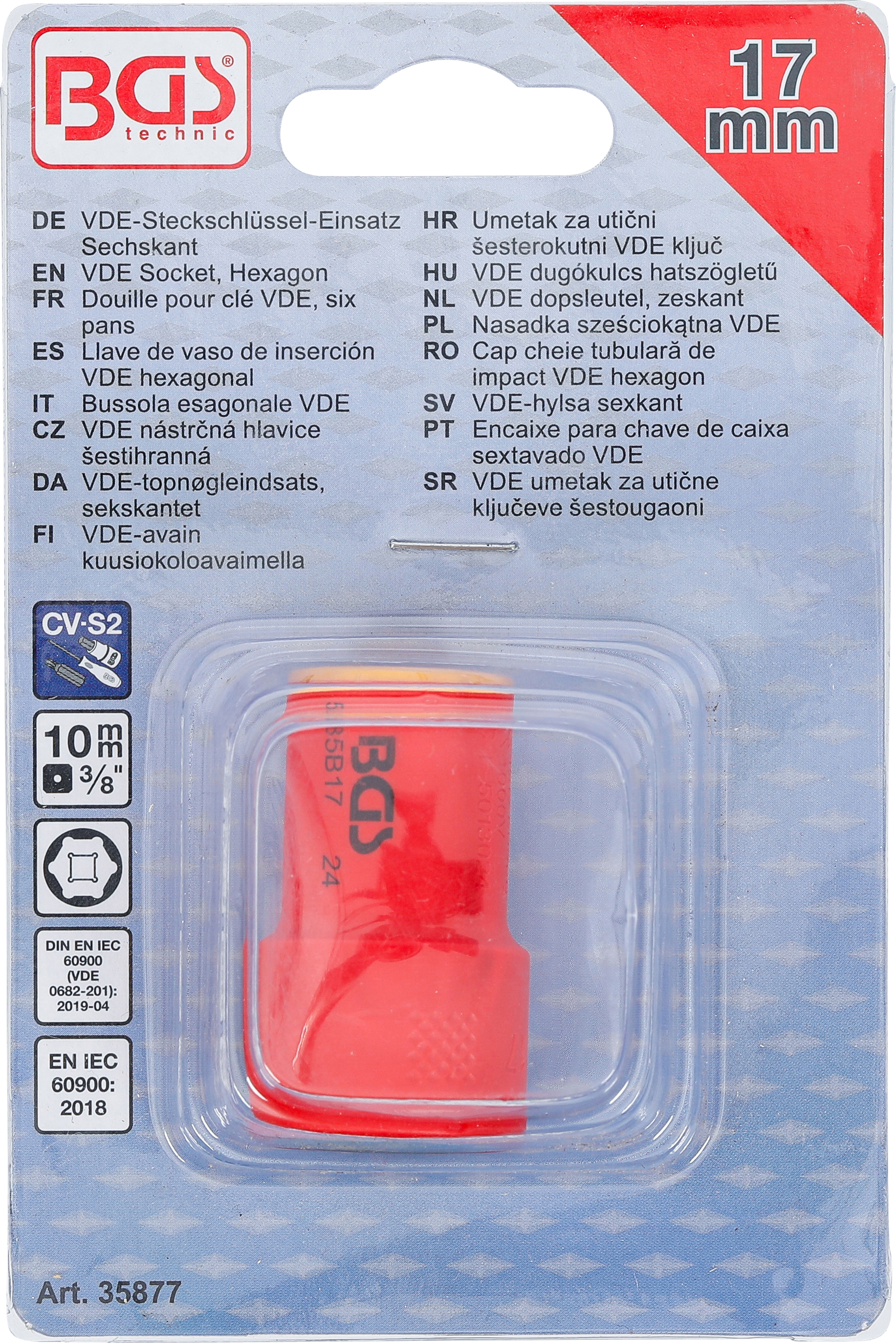 BGS VDE-Steckschlüssel-Einsatz Sechskant | Antrieb Innenvierkant 10 mm (3/8") | SW 17 mm