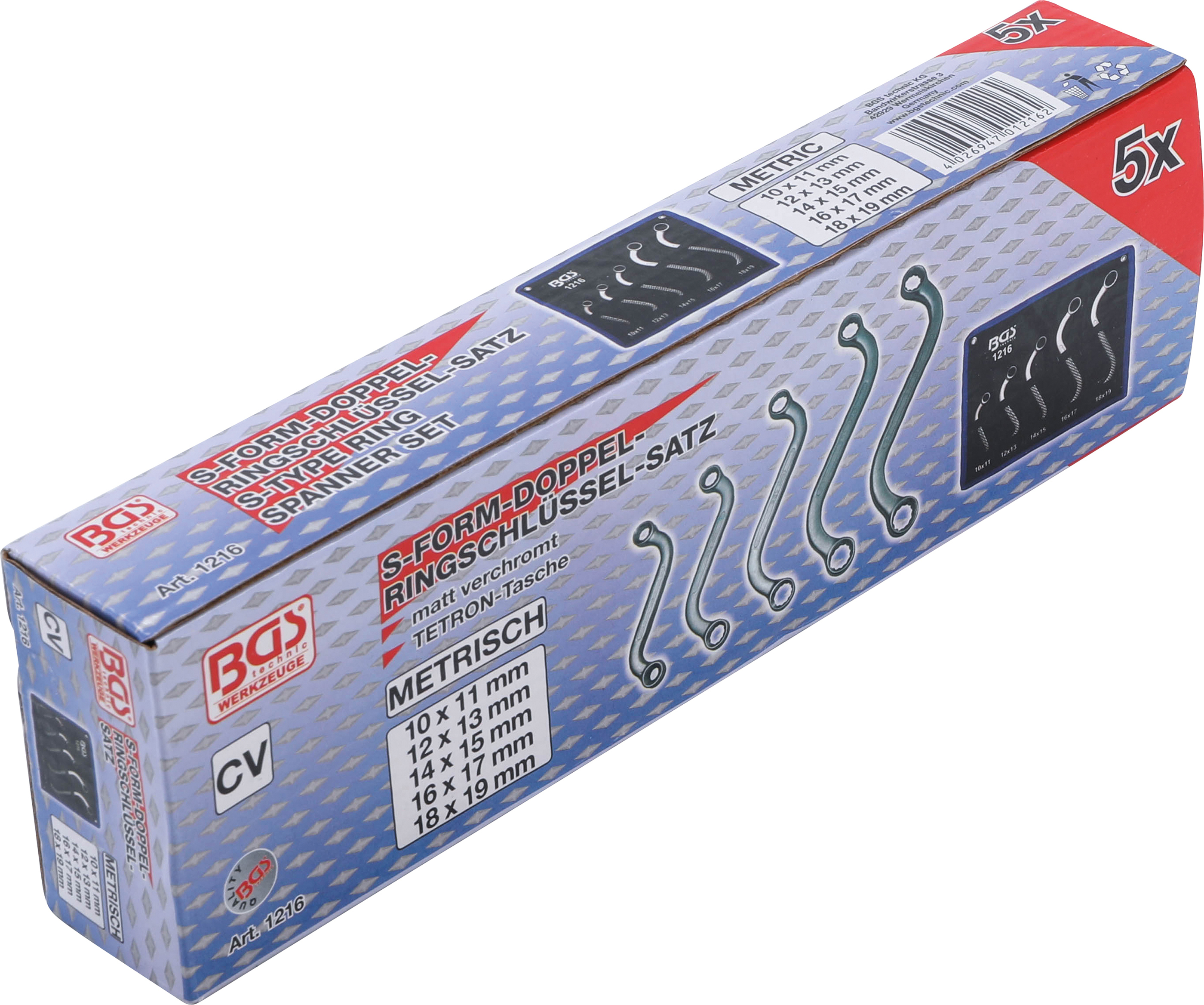BGS Doppel-Ringschlüssel-Satz | S-Form | SW 10 x 11 - 18 x 19 mm | 5-tlg.
