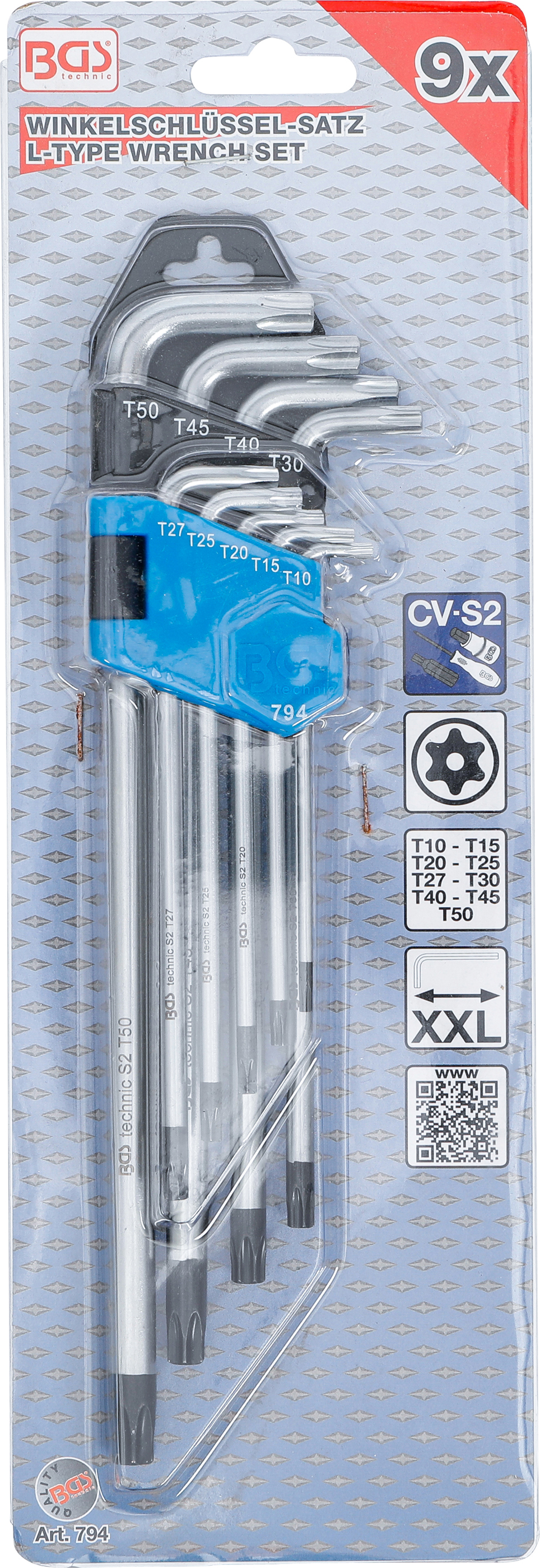 BGS Winkelschlüssel-Satz | extra lang | T-Profil (für Torx) mit Bohrung T10 - T50 | 9-tlg.