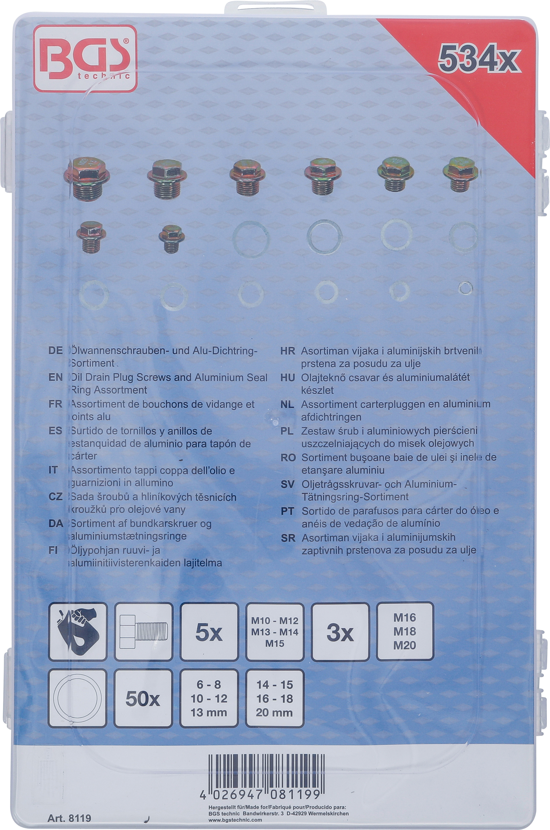 BGS Ölwannenschrauben- und Alu-Dichtring-Sortiment | 534-tlg.