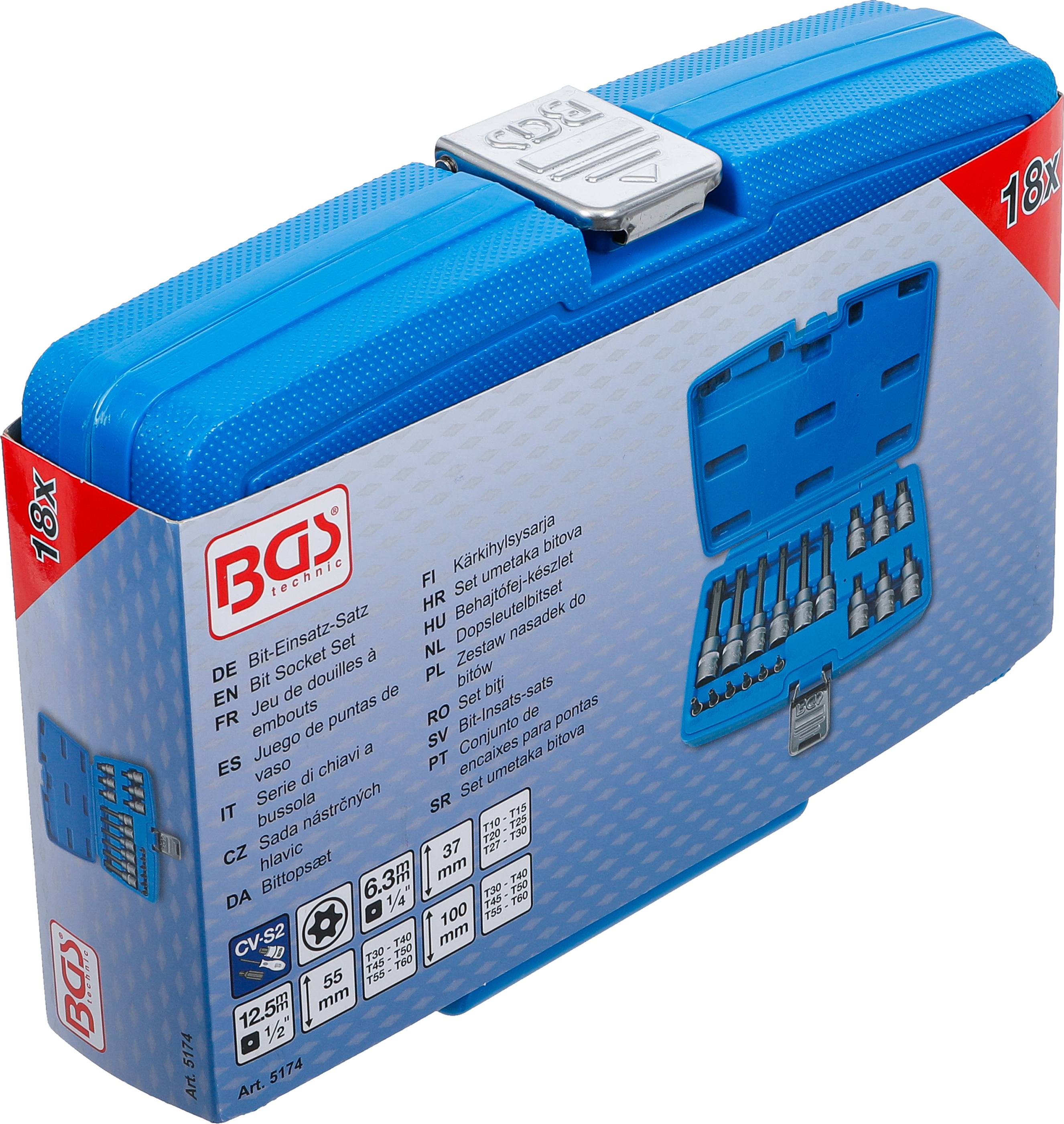 BGS Bit-Einsatz-Satz | Antrieb Innenvierkant 6,3 mm (1/4") / 12,5 mm (1/2") | T-Profil (für Torx) mit Bohrung | 18-tlg.