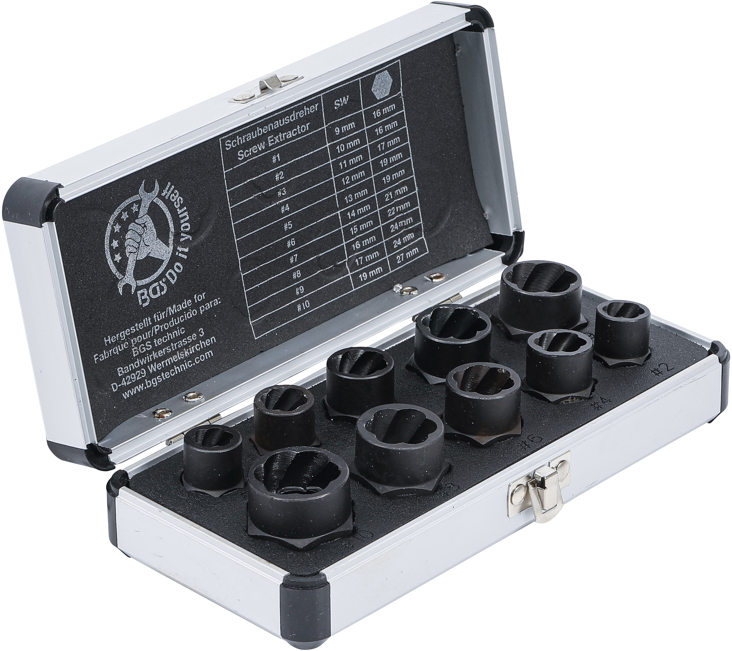BGS Spiral-Profil-Steckschlüssel-Satz / Schraubenausdreher | Antrieb Innensechskant 10 mm (3/8") / Außensechskant | SW 9 - 19 mm | 10-tlg.