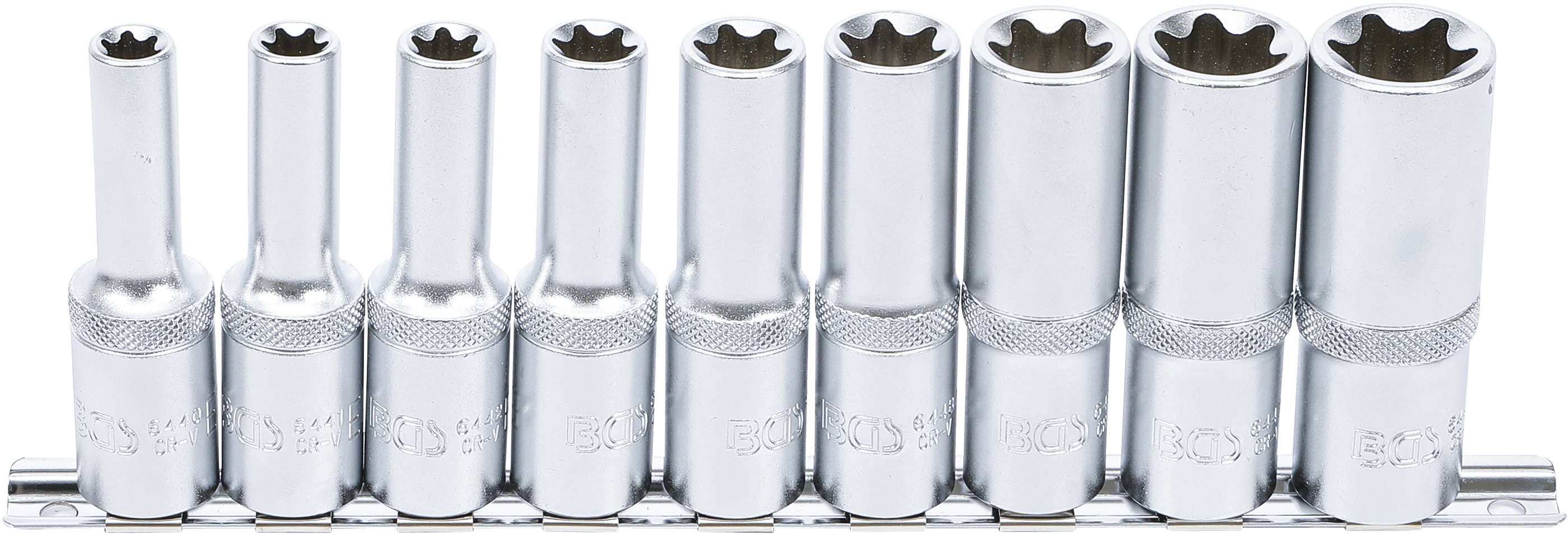 BGS Steckschlüssel-Einsatz-Satz E-Profil, tief | Antrieb Innenvierkant 12,5 mm (1/2") | SW E10 - E24 | 9-tlg.