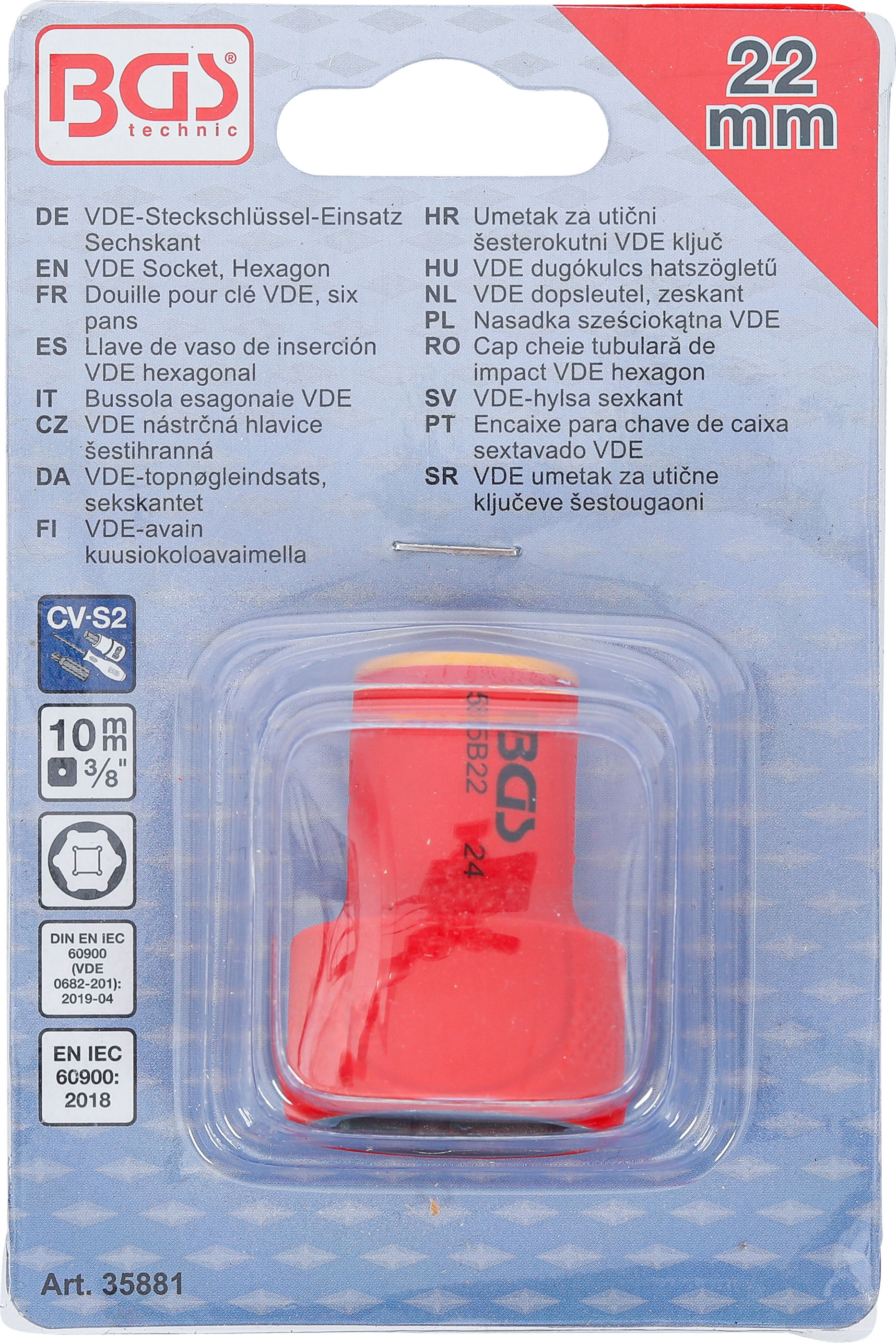 BGS VDE-Steckschlüssel-Einsatz Sechskant | Antrieb Innenvierkant 10 mm (3/8") | SW 22 mm