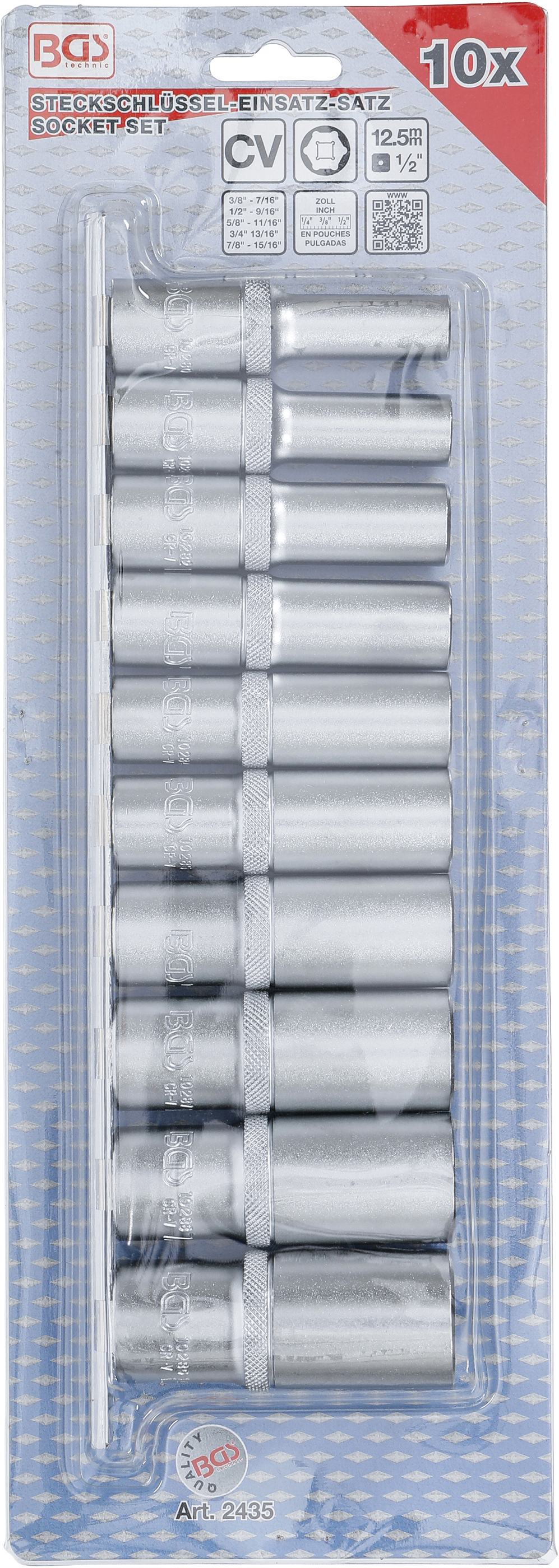 BGS Steckschlüssel-Einsatz-Satz Sechskant, tief | Antrieb Innenvierkant 12,5 mm (1/2") | Zollgrößen | 10-tlg.