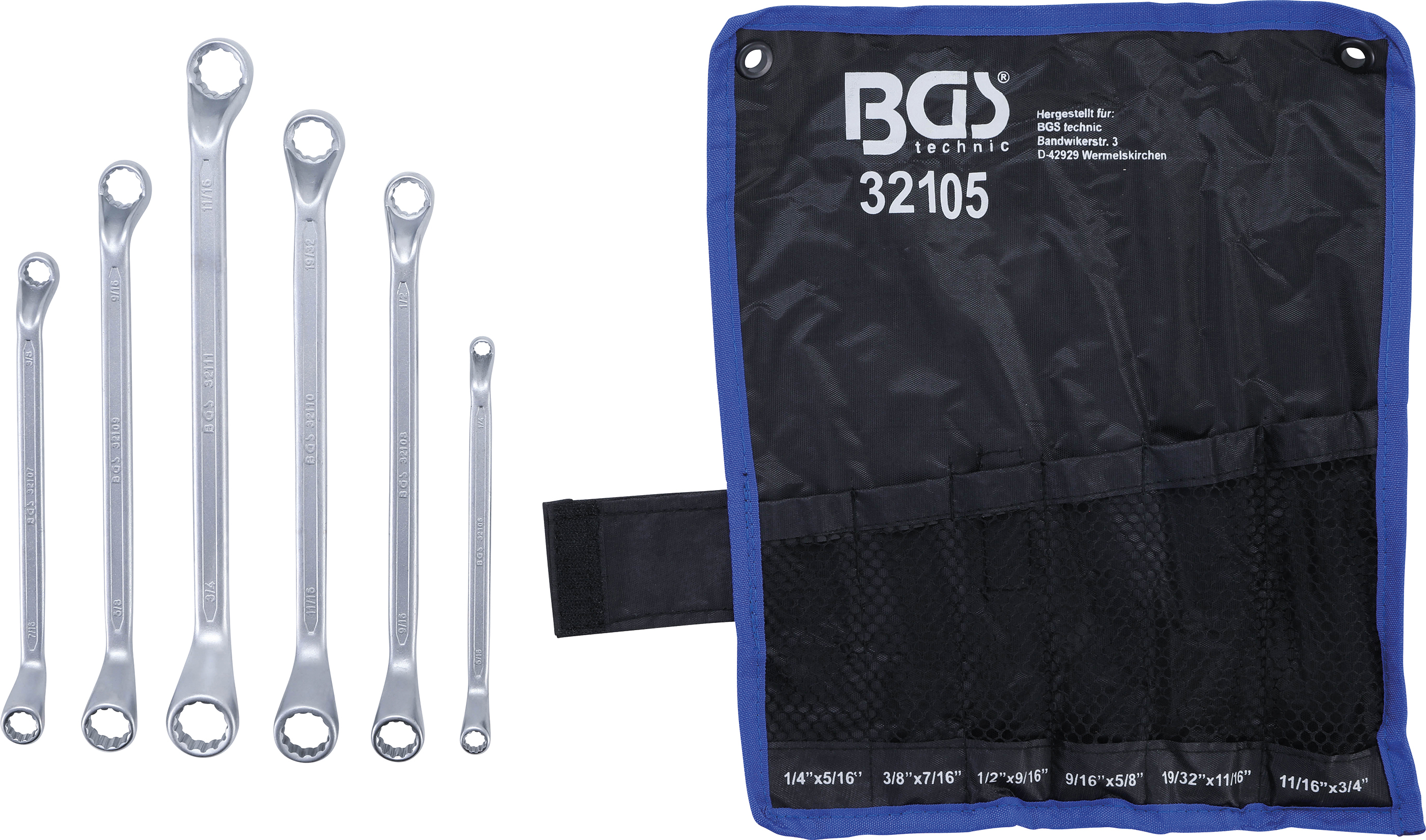 BGS Doppel-Ringschlüssel-Satz | tief gekröpft | Zollgrößen | SW 1/4" - 3/4" | 6-tlg.