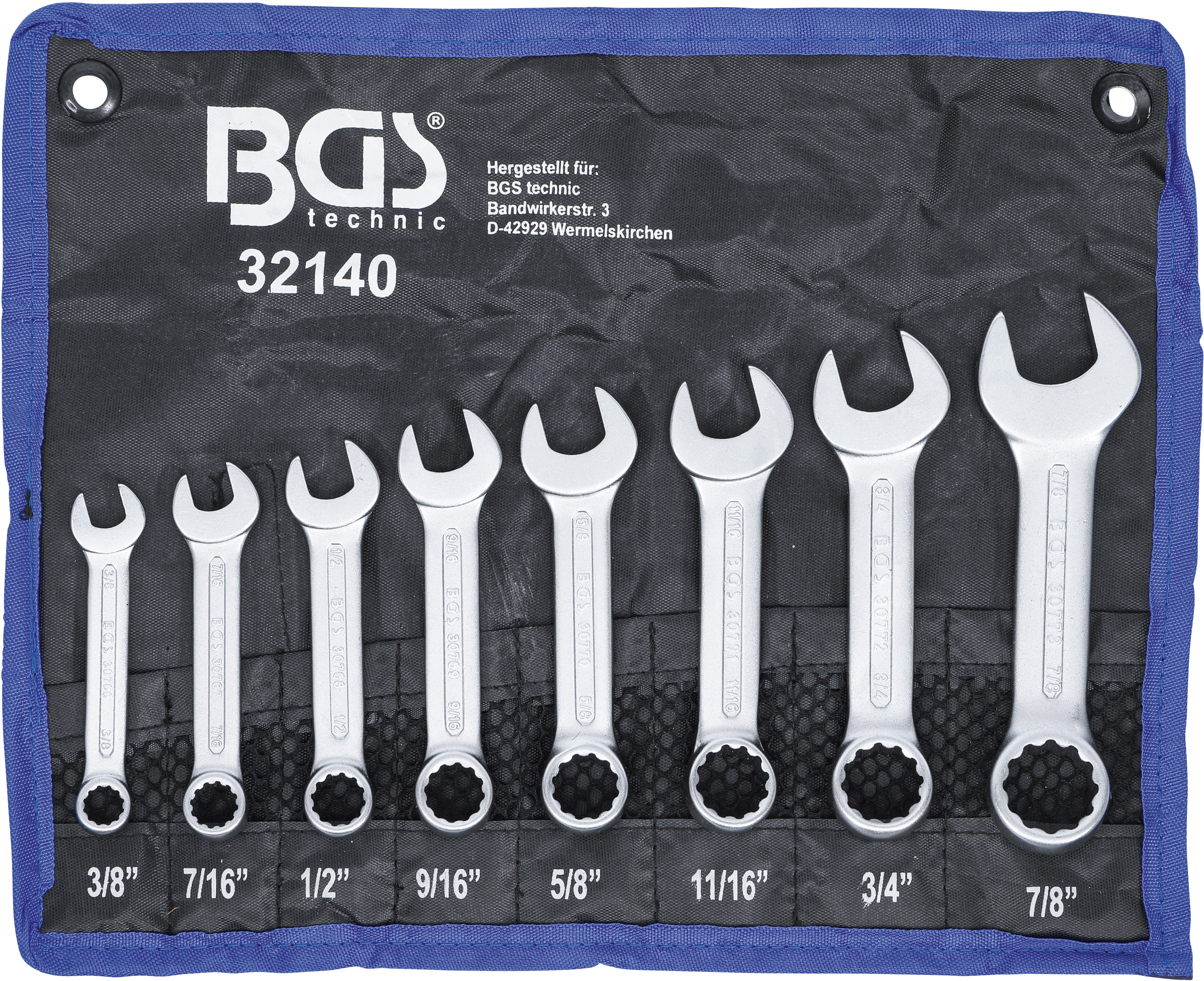 BGS Maul-Ringschlüssel-Satz | extra kurz | Zollgrößen | SW 3/8" - 7/8" | 8-tlg.