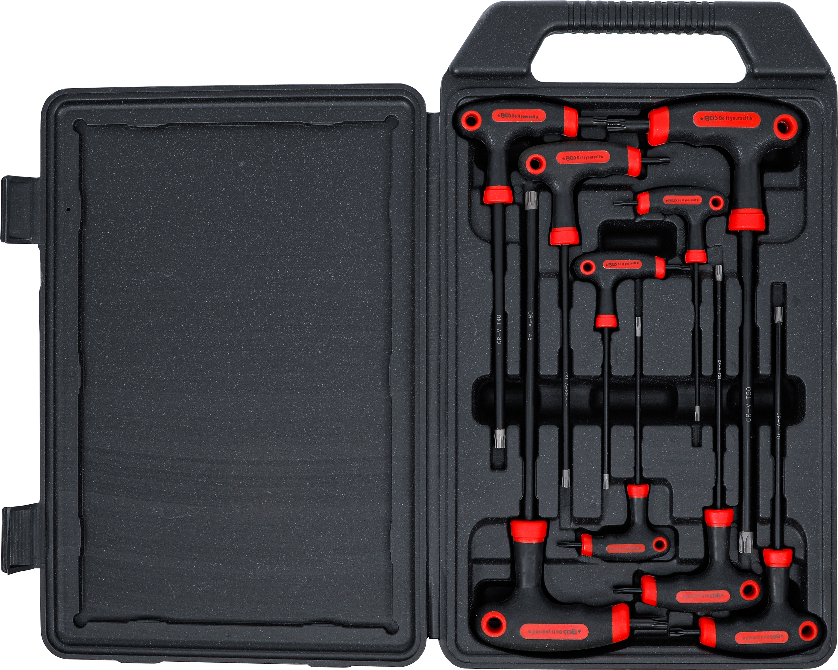 BGS Schraubendreher-Satz mit T-Griff und seitlicher Klinge | T-Profil (für Torx) mit Bohrung | T10 - T50 | 9-tlg.