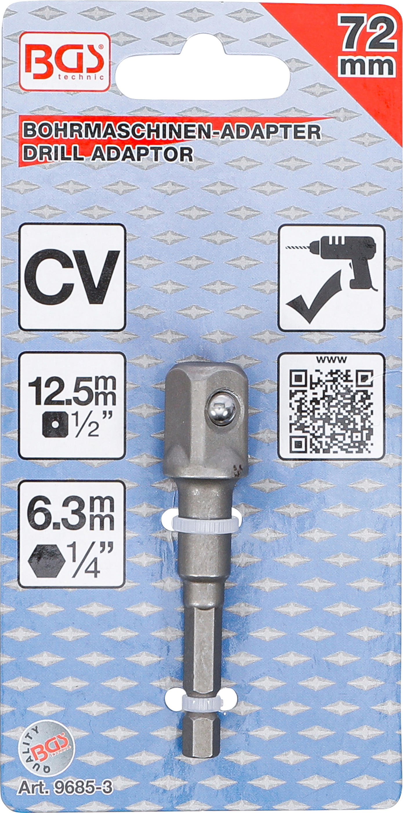 BGS Adapter für Bohrmaschinen | Antrieb Außensechskant 6,3 mm (1/4") / Abtrieb Außenvierkant 12,5 mm (1/2")