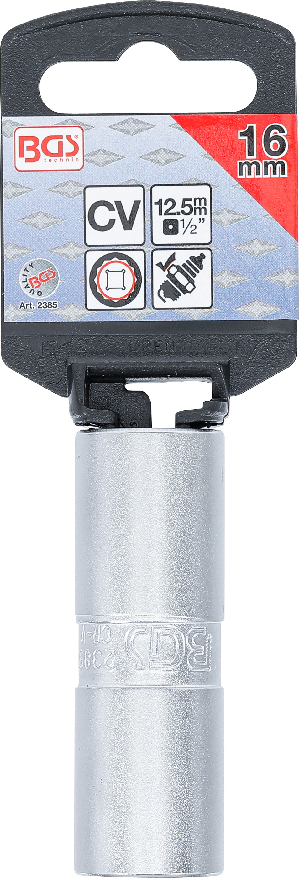 BGS Zündkerzen-Einsatz mit Haltegummi, Zwölfkant | Antrieb Innenvierkant 12,5 mm (1/2") | SW 16 mm