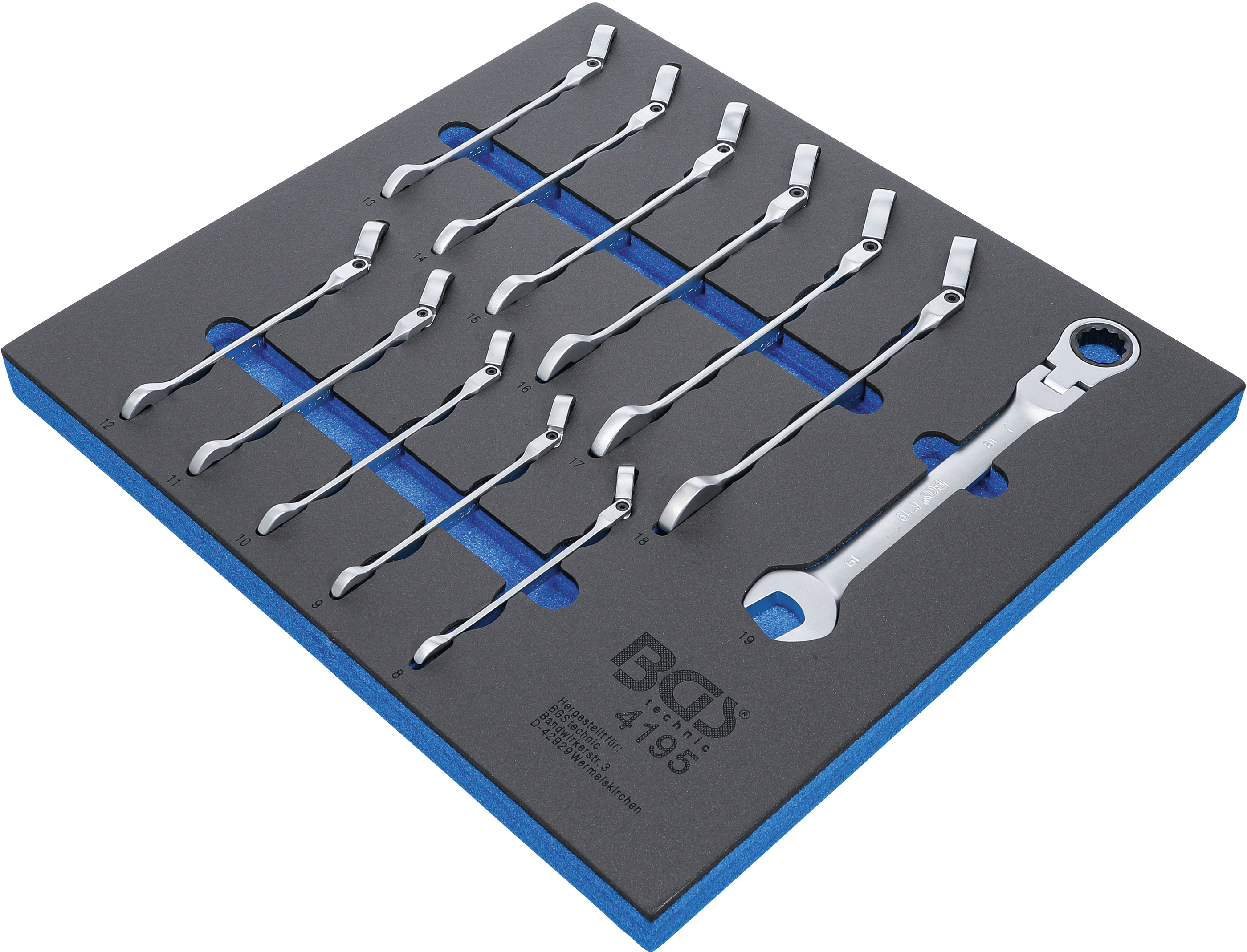 BGS Werkstattwageneinlage 2/3: Ratschenring-Maulschlüssel-Satz | abwinkelbar | SW 8 - 19 mm | 12-tlg.
