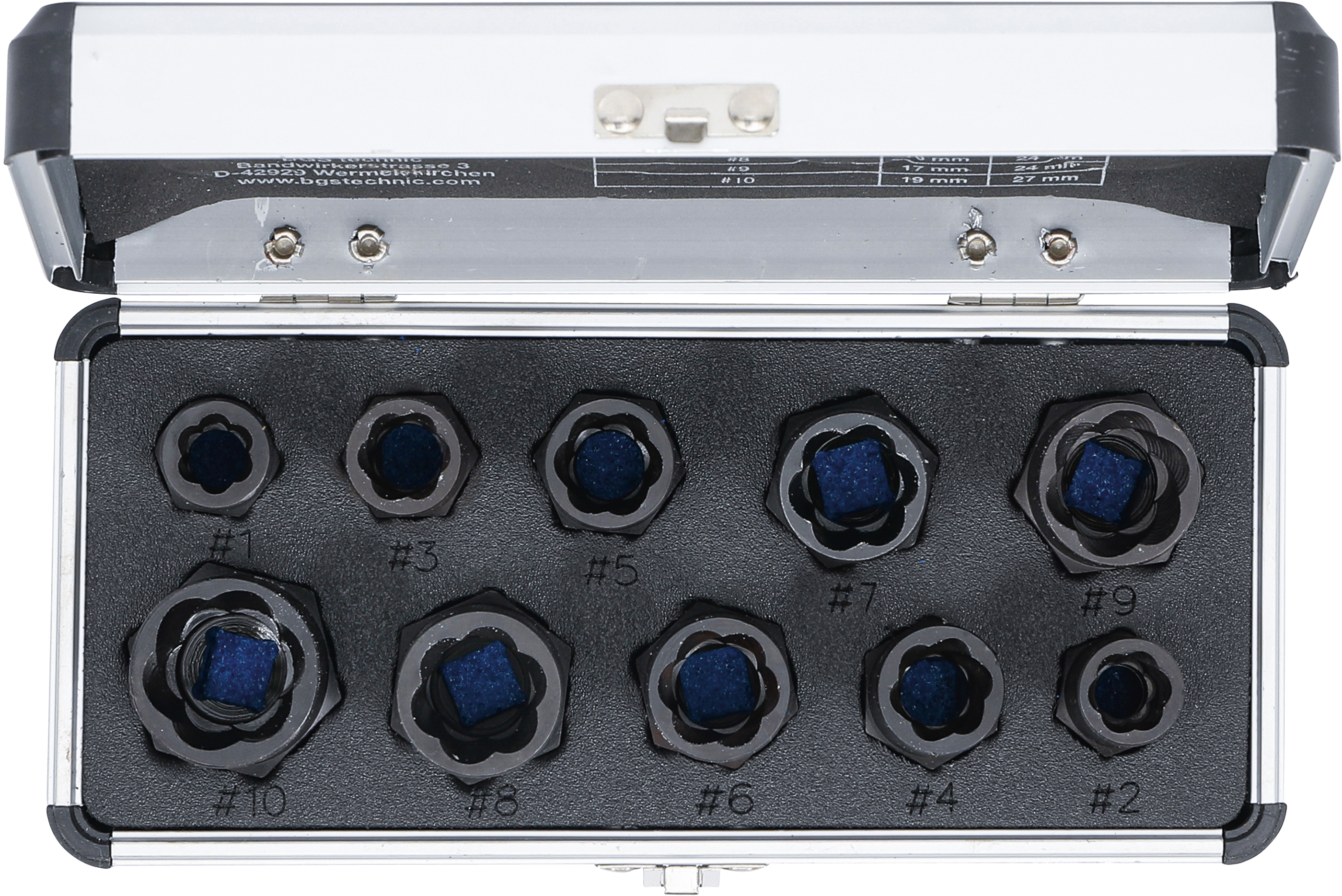 BGS Spiral-Profil-Steckschlüssel-Satz / Schraubenausdreher | Antrieb Innensechskant 10 mm (3/8") / Außensechskant | SW 9 - 19 mm | 10-tlg.