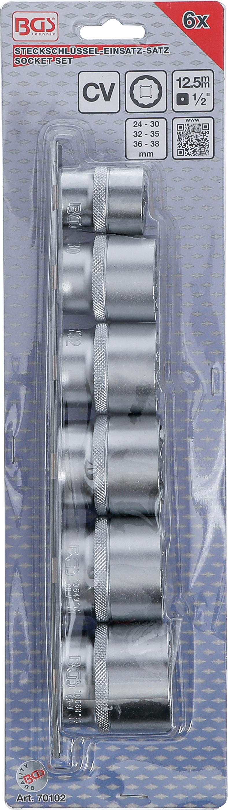 BGS Steckschlüssel-Einsatz-Satz, Zwölfkant | Antrieb Innenvierkant 12,5 mm (1/2") | SW 24 - 38 mm | 6-tlg.