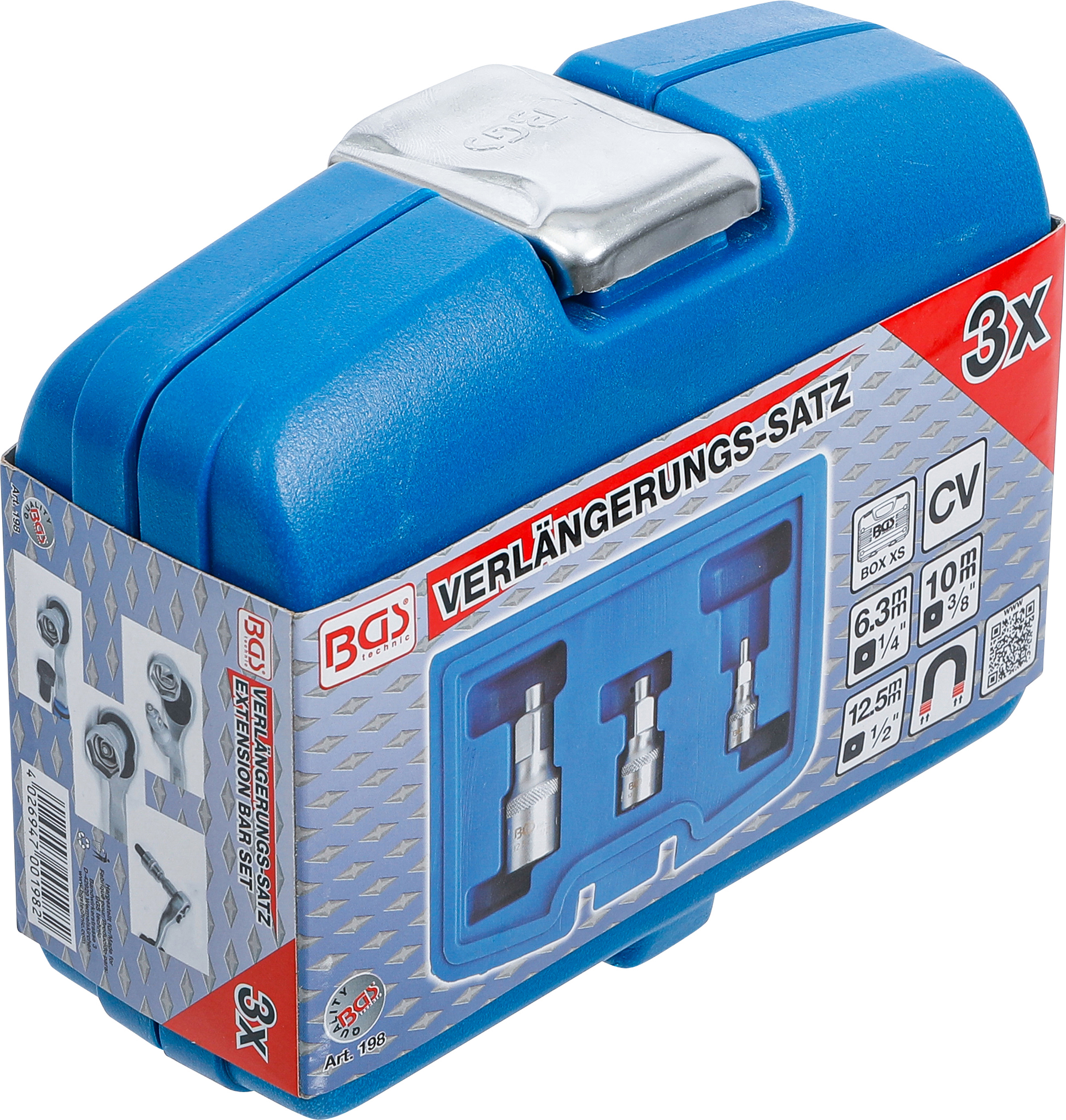 BGS Verlängerungs-Satz mit Magnethalter | 6,3 mm (1/4") / 10 mm (3/8") / 12,5 mm (1/2") | 3-tlg.