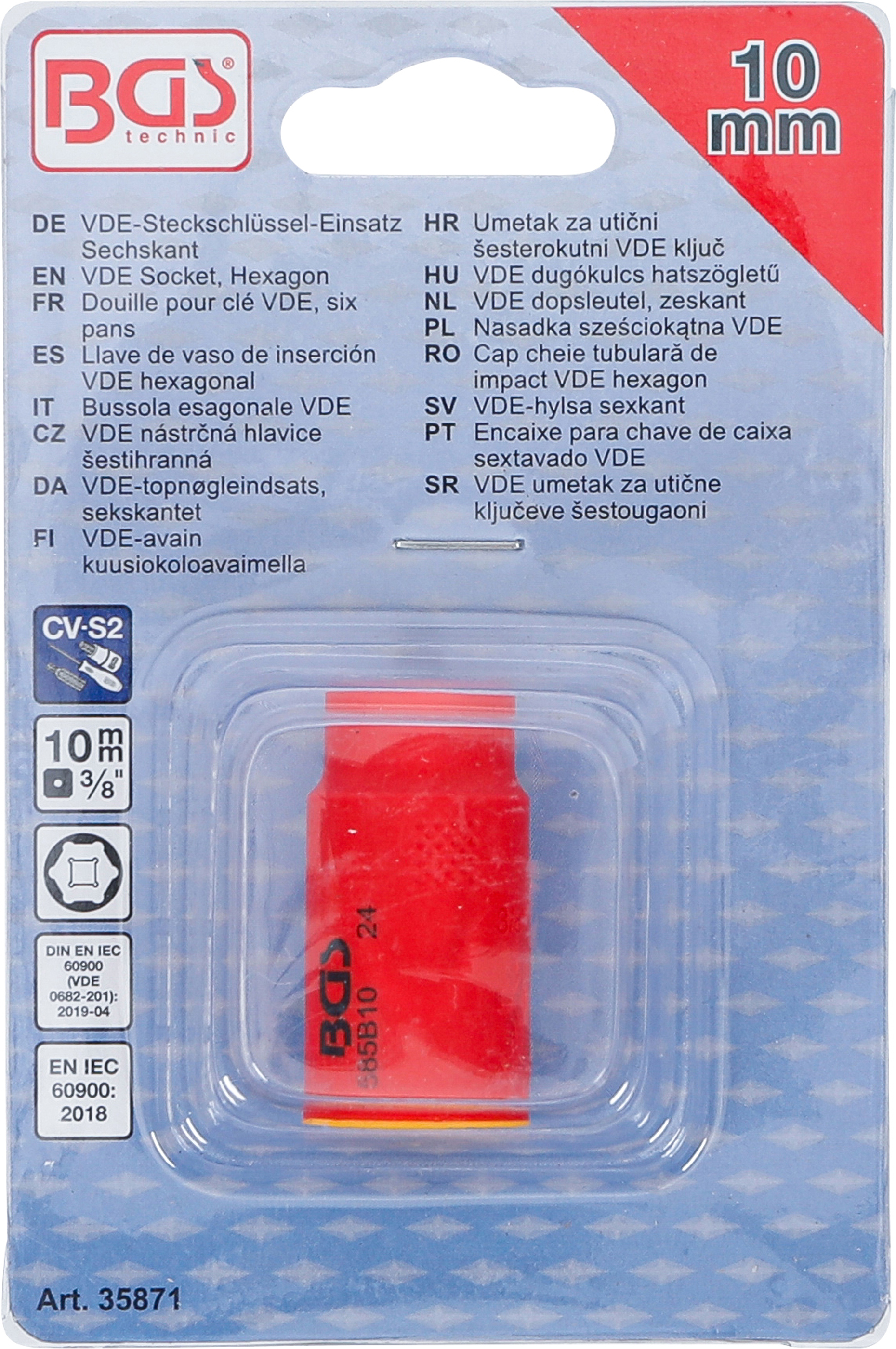 BGS VDE-Steckschlüssel-Einsatz Sechskant | Antrieb Innenvierkant 10 mm (3/8") | SW 10 mm