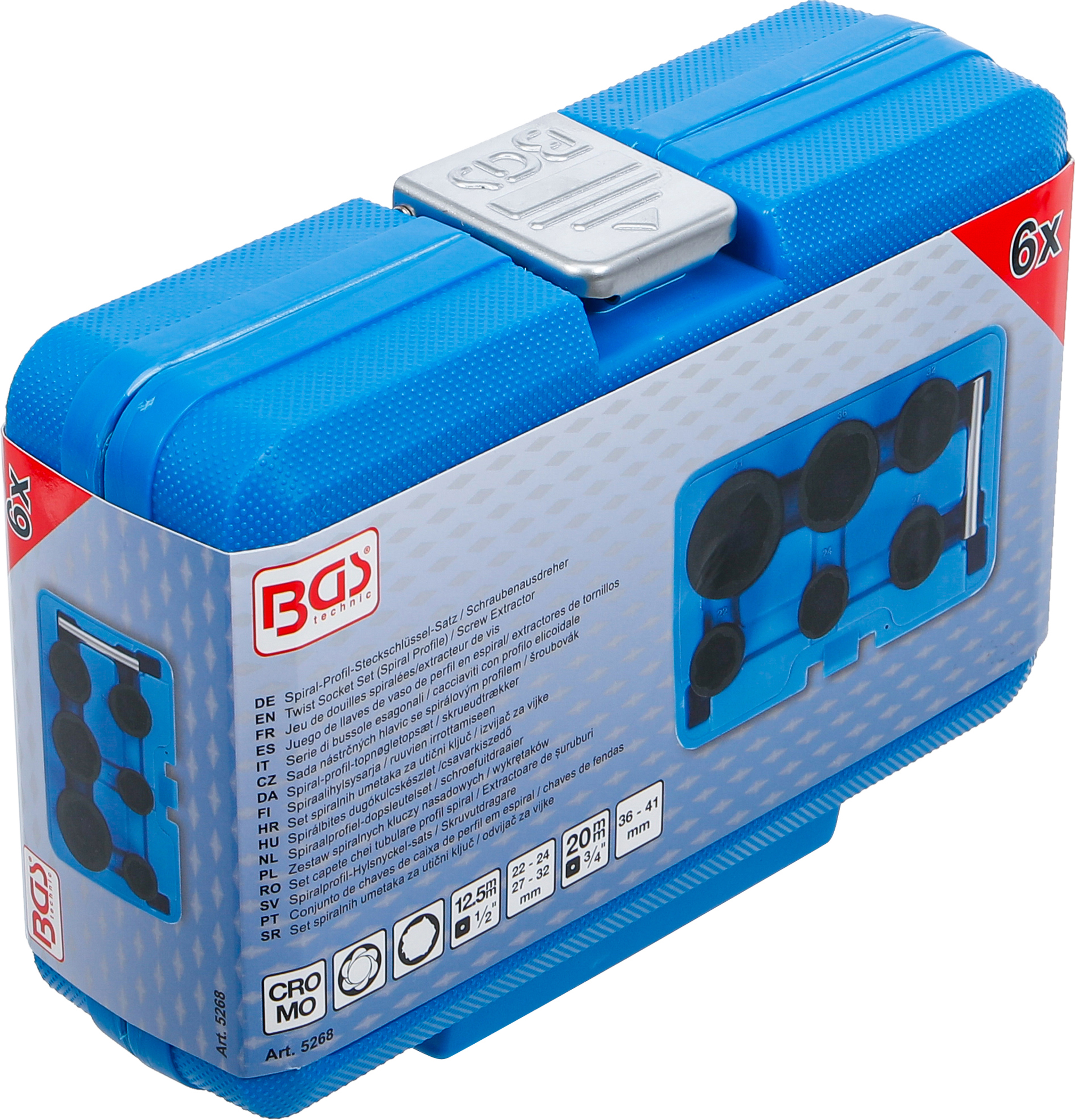 BGS Spiral-Profil-Steckschlüssel-Satz / Schraubenausdreher | Antrieb Innenvierkant 12,5 mm (1/2") + 20 mm (3/4") | SW 22 - 41 mm | 6-tlg.
