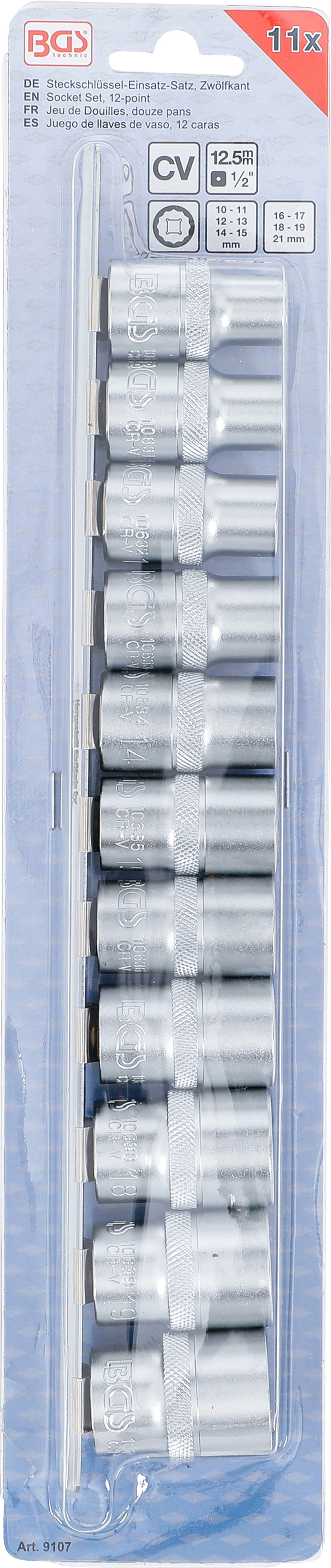 BGS Steckschlüssel-Einsatz-Satz, Zwölfkant | Antrieb Innenvierkant 12,5 mm (1/2") | SW 10 - 21 mm | 11-tlg.