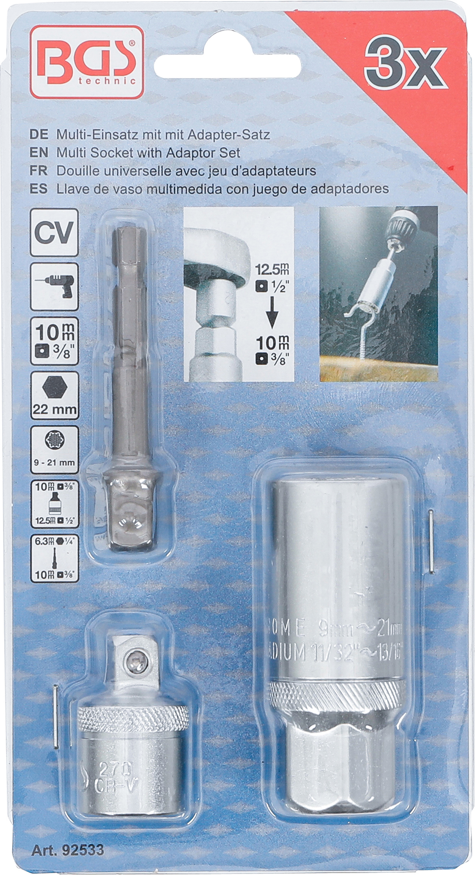 BGS Multi-Einsatz mit Adapter-Satz | 10 mm (3/8") | SW 9 - 21 mm | 3-tlg.