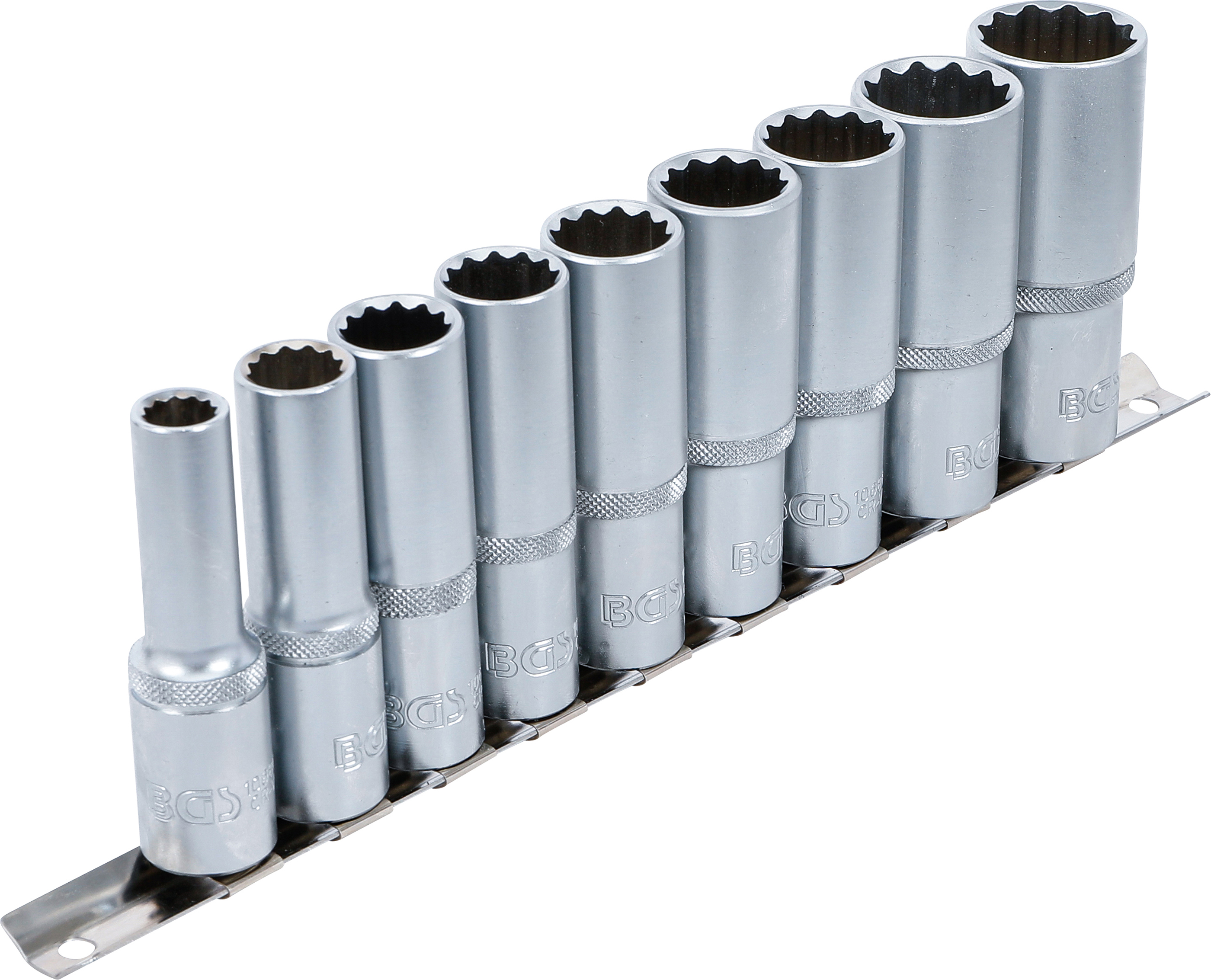 BGS Steckschlüssel-Einsatz-Satz Zwölfkant, tief | Antrieb Innenvierkant 12,5 mm (1/2") | SW 10 - 24 mm | 9-tlg.