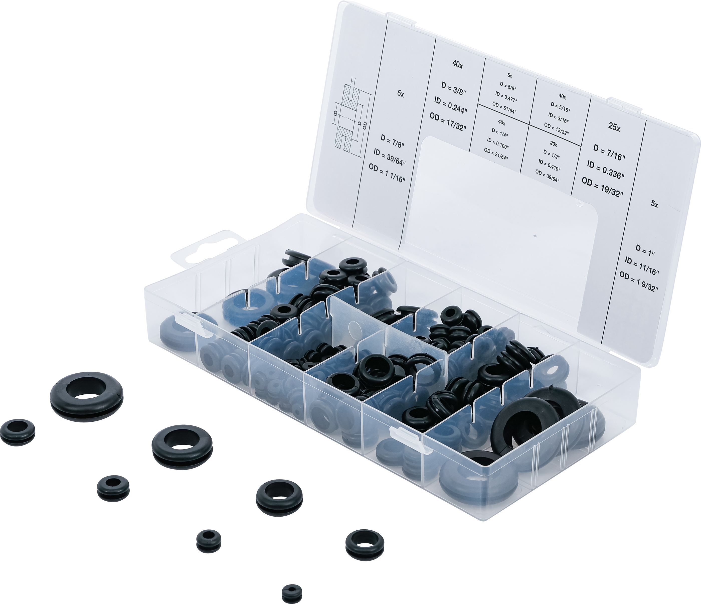 BGS Gummi-Durchgangstüllen-Sortiment | Zoll | 180-tlg.
