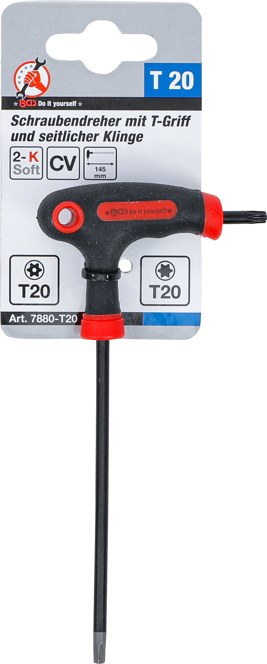 BGS Schraubendreher mit T-Griff und seitlicher Klinge | T-Profil (für Torx) mit/ohne Bohrung T20