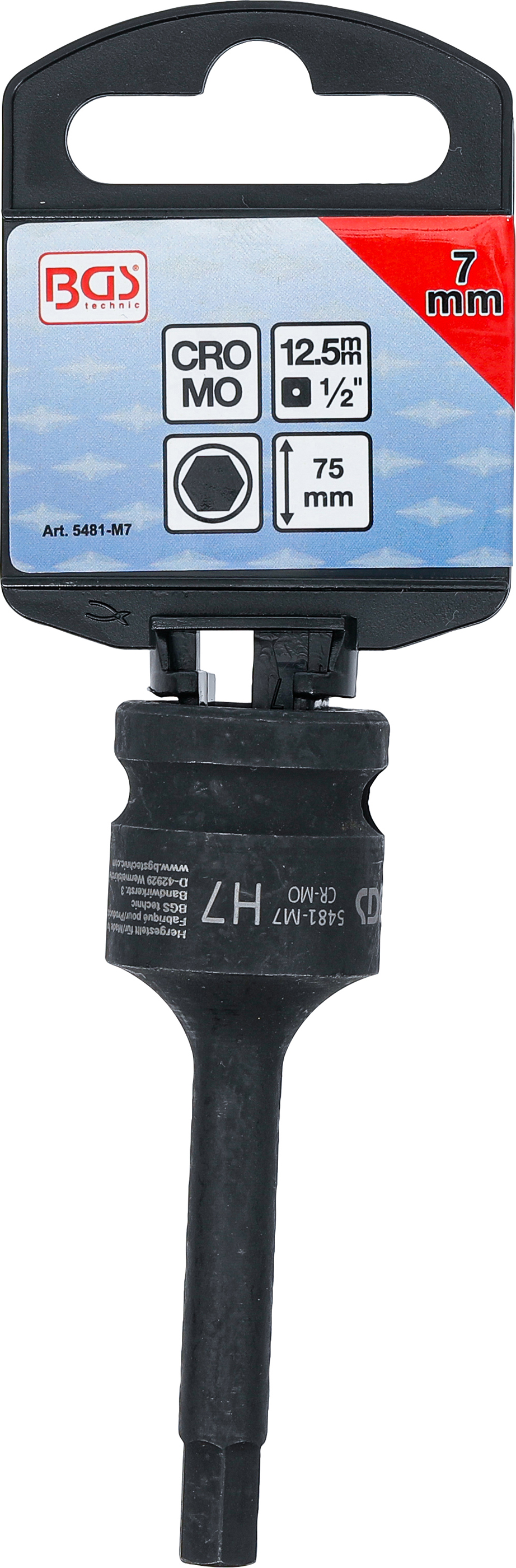 BGS Kraft-Bit-Einsatz | Länge 75 mm | Antrieb Innenvierkant 12,5 mm (1/2") | Innensechskant 7 mm