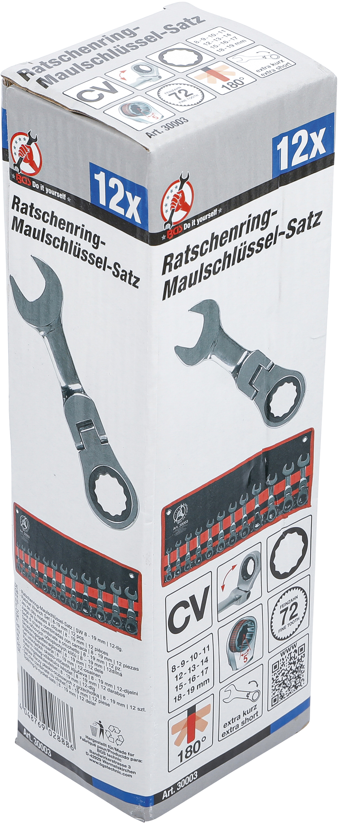 BGS Ratschenring-Maulschlüssel-Satz | extra kurz | SW 8 - 19 mm | 12-tlg.