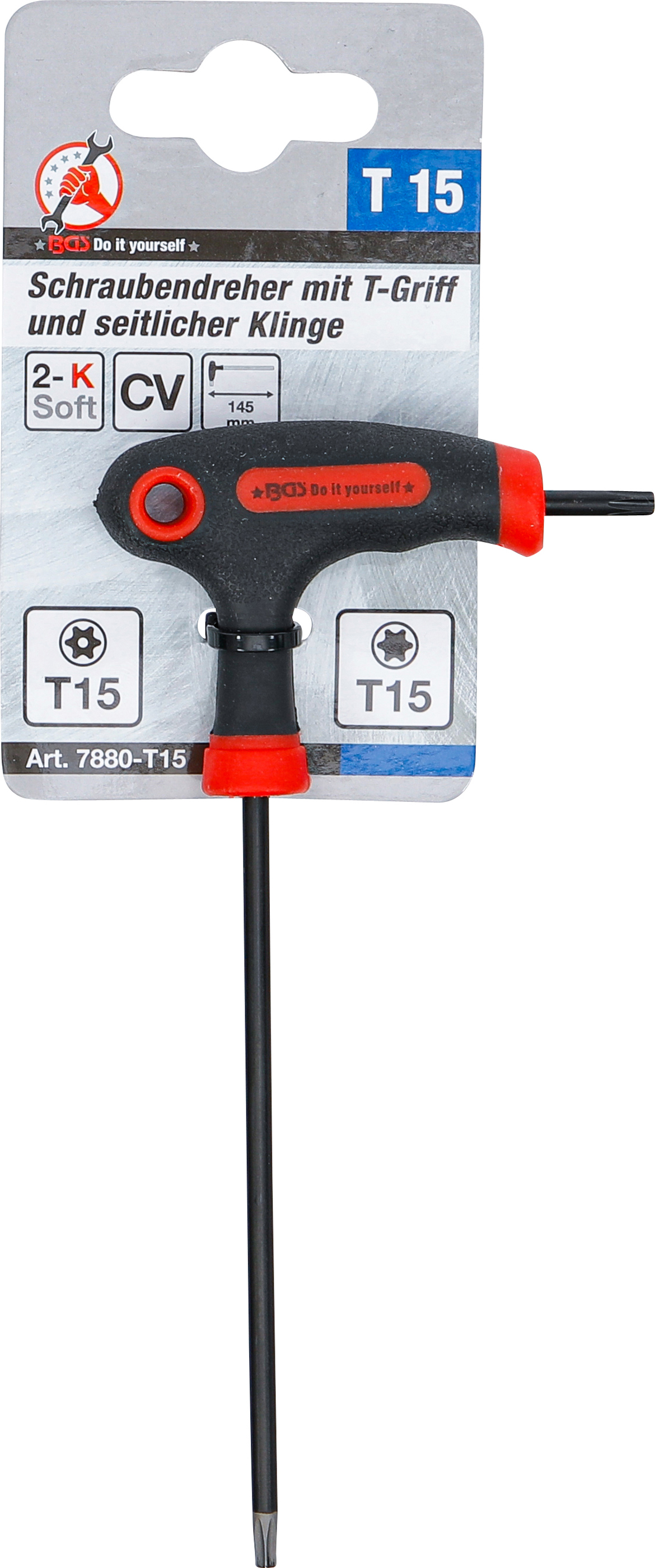 BGS Schraubendreher mit T-Griff und seitlicher Klinge | T-Profil (für Torx) mit/ohne Bohrung T15