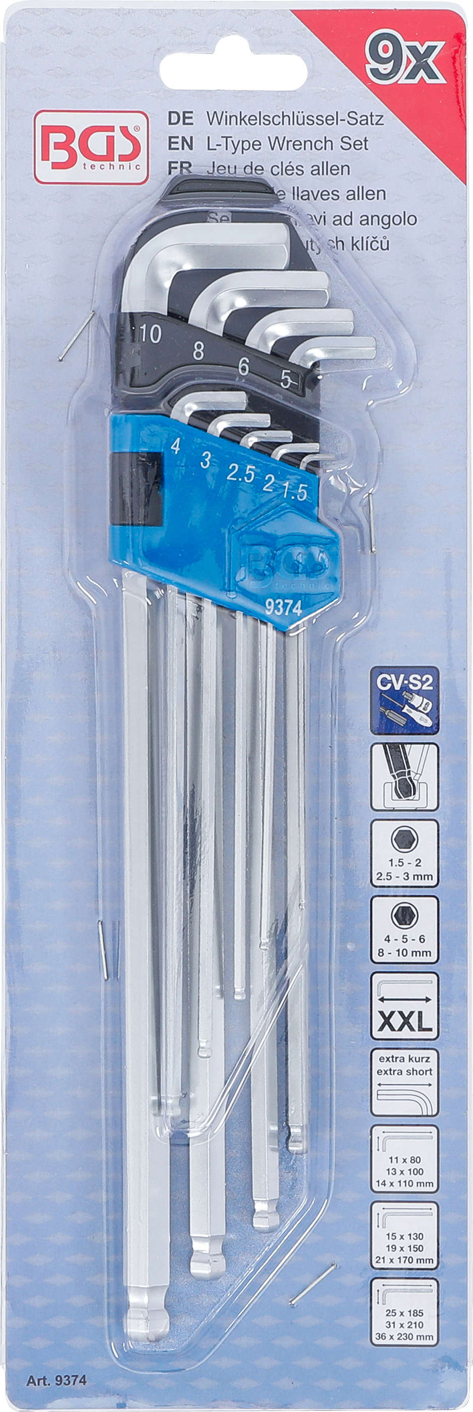 BGS Winkelschlüssel-Satz | extra lang + extra kurz | Innensechskant / Innensechskant mit Kugelkopf 1,5 - 10 mm | 9-tlg.