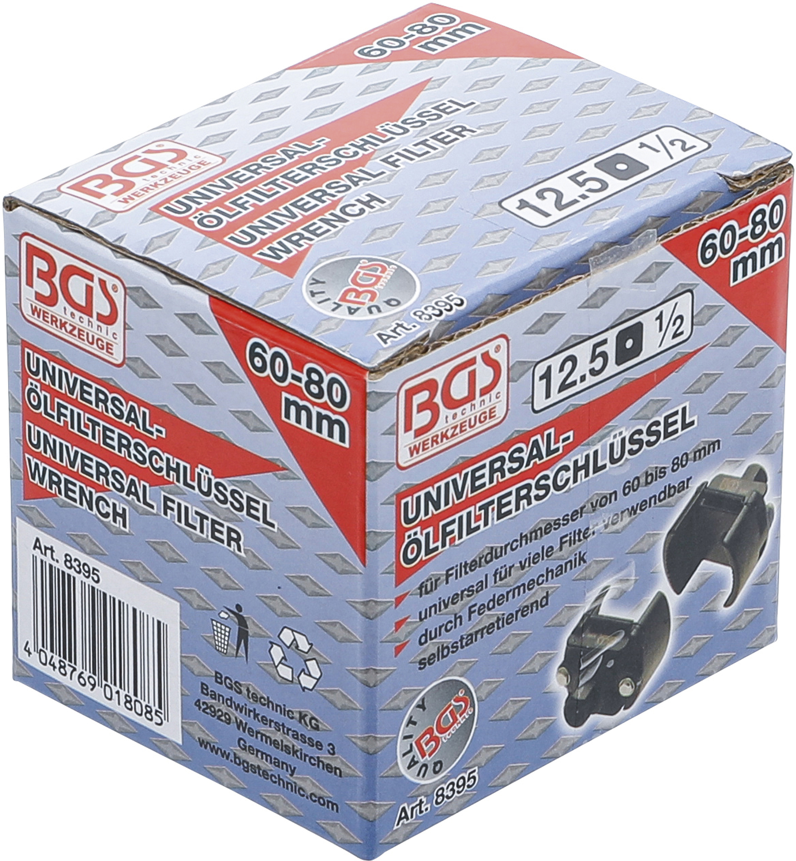 BGS Universal-Ölfilterschlüssel | Antrieb Innenvierkant 12,5 mm (1/2") | Ø 60 - 80 mm