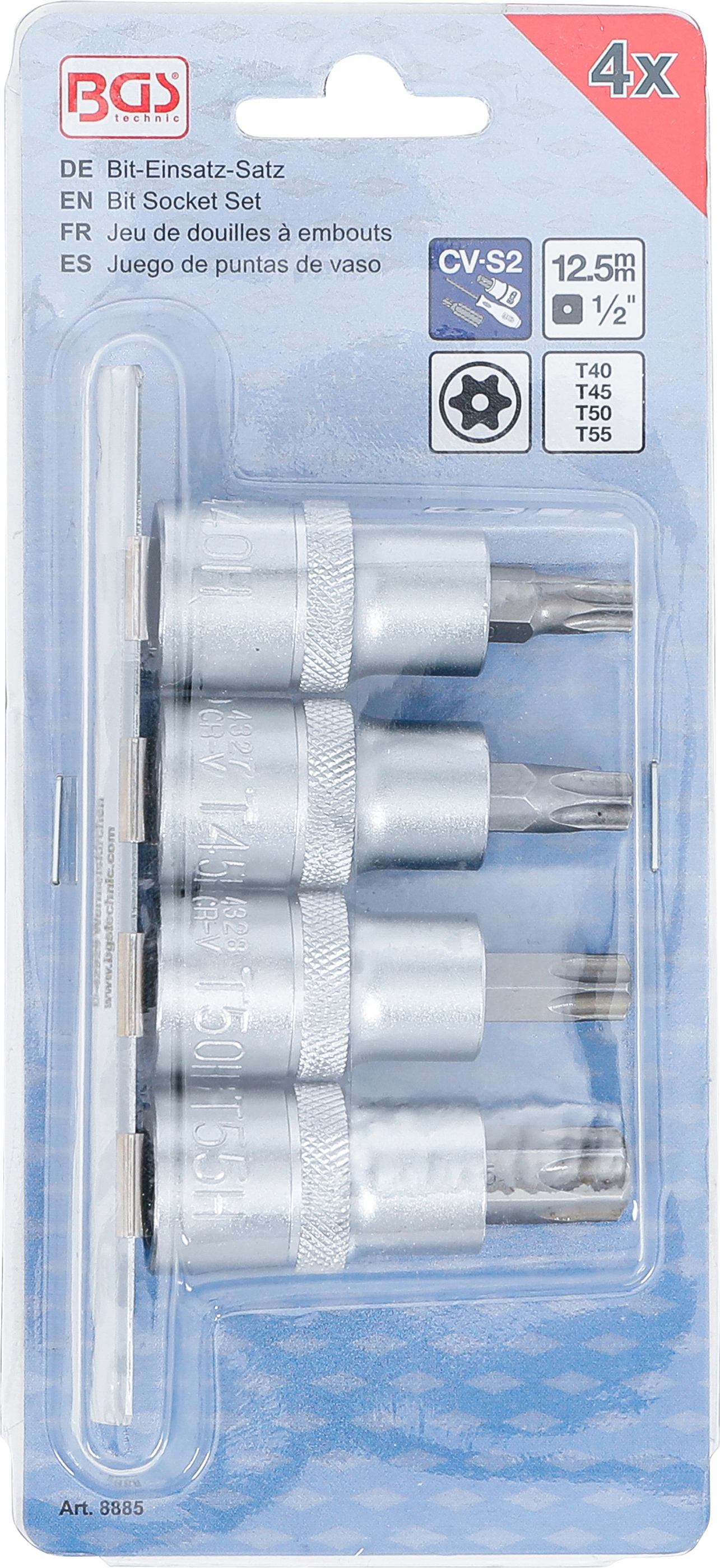 BGS Bit-Einsatz-Satz | Antrieb Innenvierkant 12,5 mm (1/2") | T-Profil (für Torx) mit Bohrung T40 - T55 | 4-tlg.