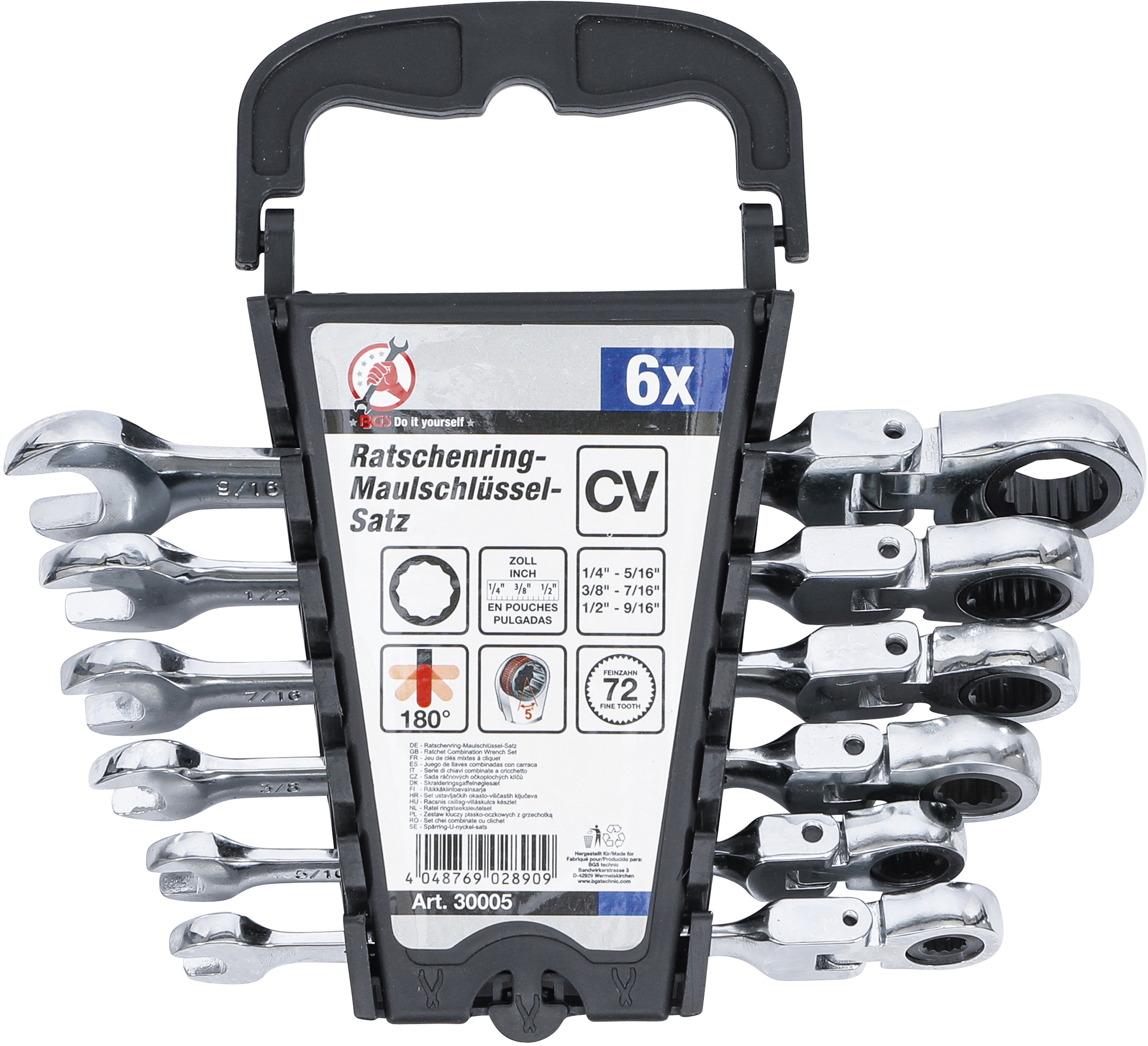 BGS Ratschenring-Maulschlüssel-Satz | flexible Köpfe | Zollmaße | SW 1/4" - 9/16" | 6-tlg.