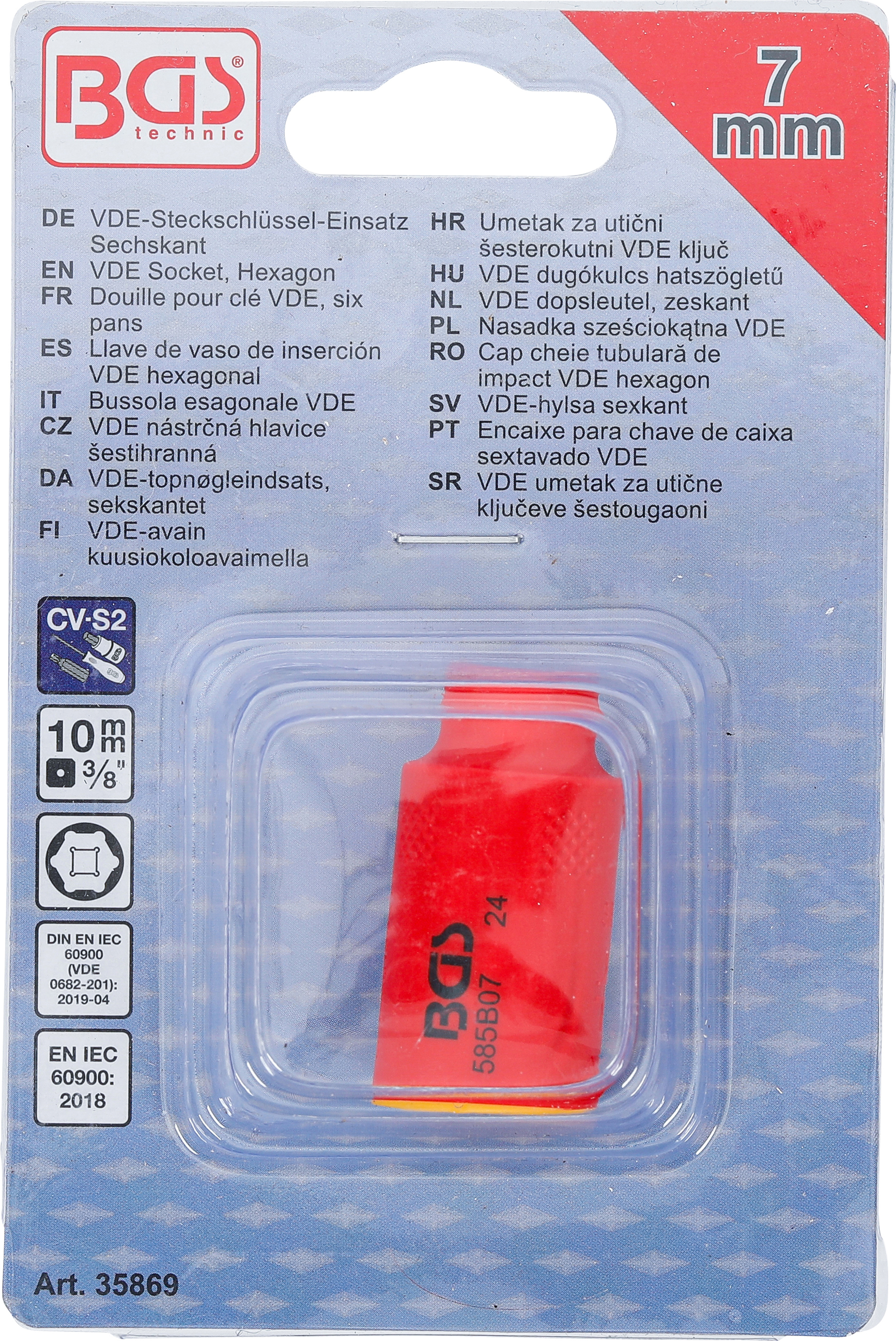 BGS VDE-Steckschlüssel-Einsatz Sechskant | Antrieb Innenvierkant 10 mm (3/8") | SW 7 mm